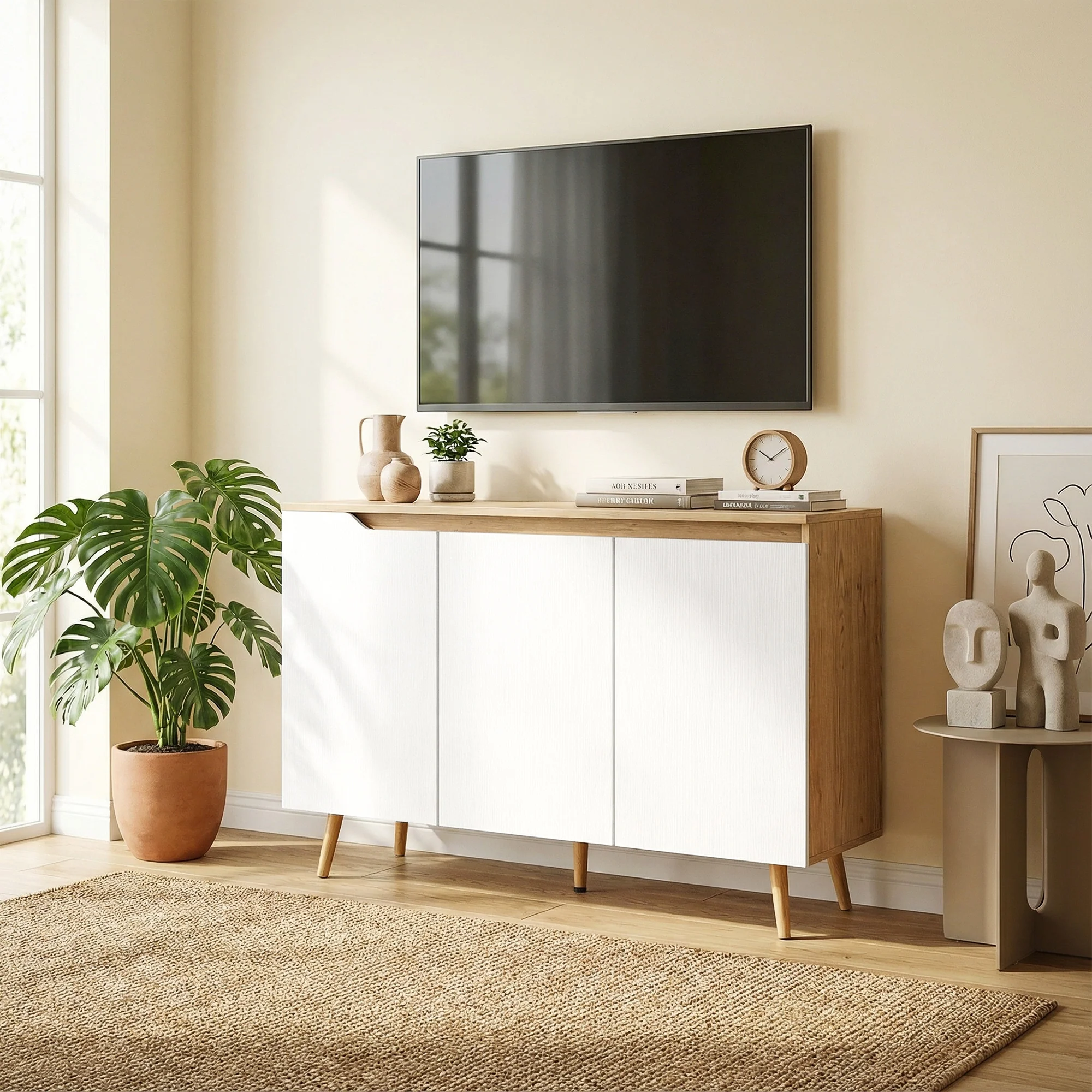 HOMCOM Sideboard Storage Cabinet With 5 Rubberwood Legs, White And Oak - Image 8