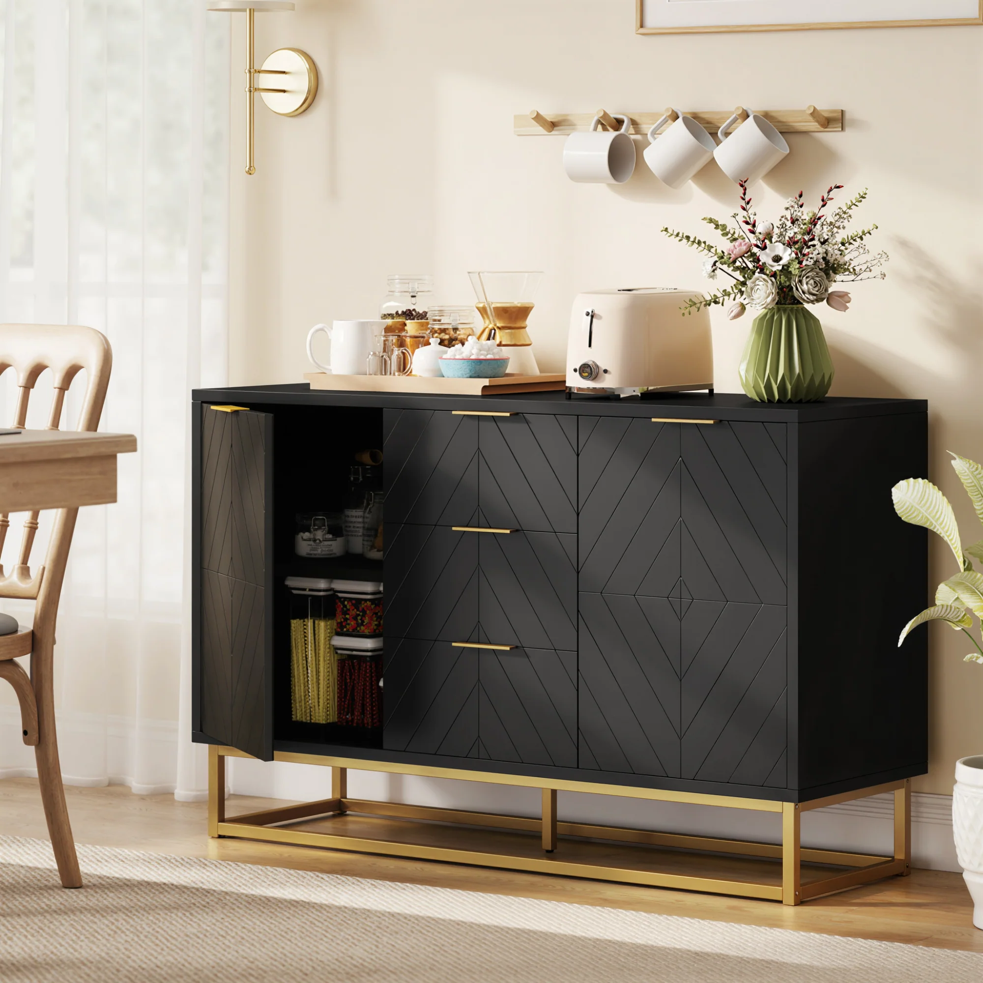 HOMCOM Sideboard Storage Cabinet with Adjustable Shelves, Black - Image 2