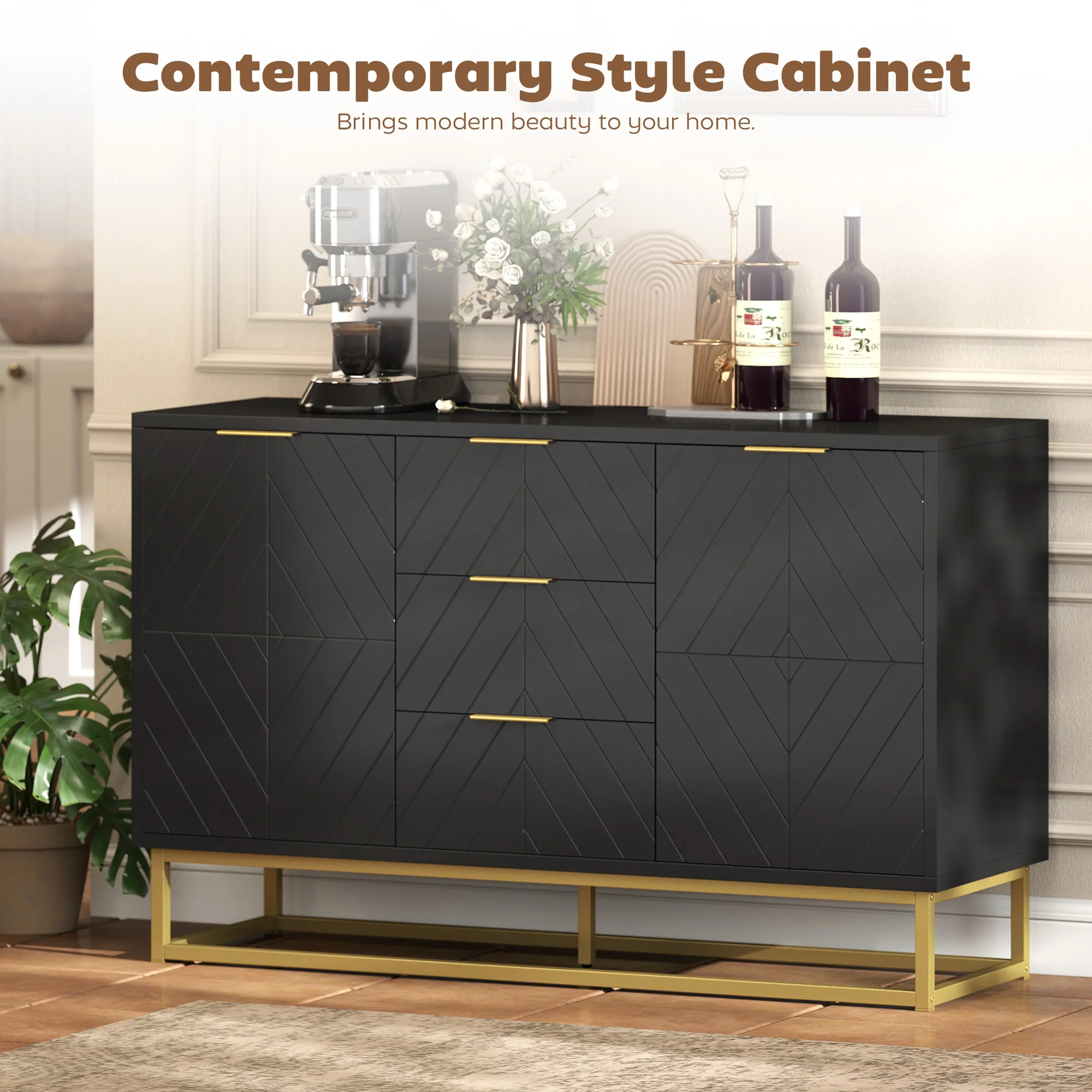 HOMCOM Sideboard Storage Cabinet with Adjustable Shelves, Black - Image 3