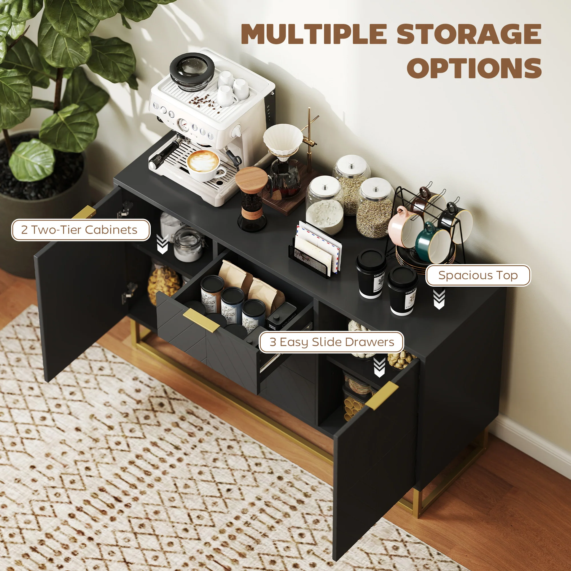 HOMCOM Sideboard Storage Cabinet with Adjustable Shelves, Black - Image 4