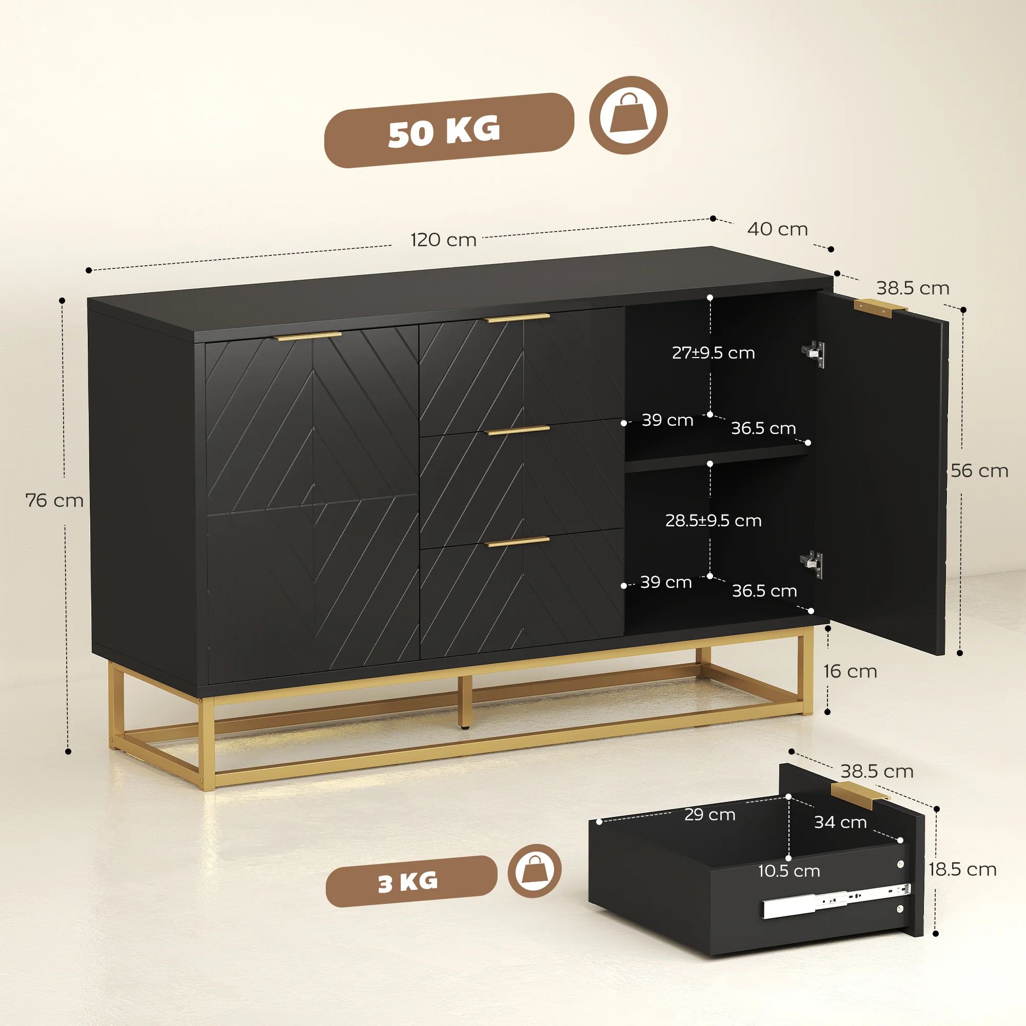 HOMCOM Sideboard Storage Cabinet with Adjustable Shelves, Black - Image 5