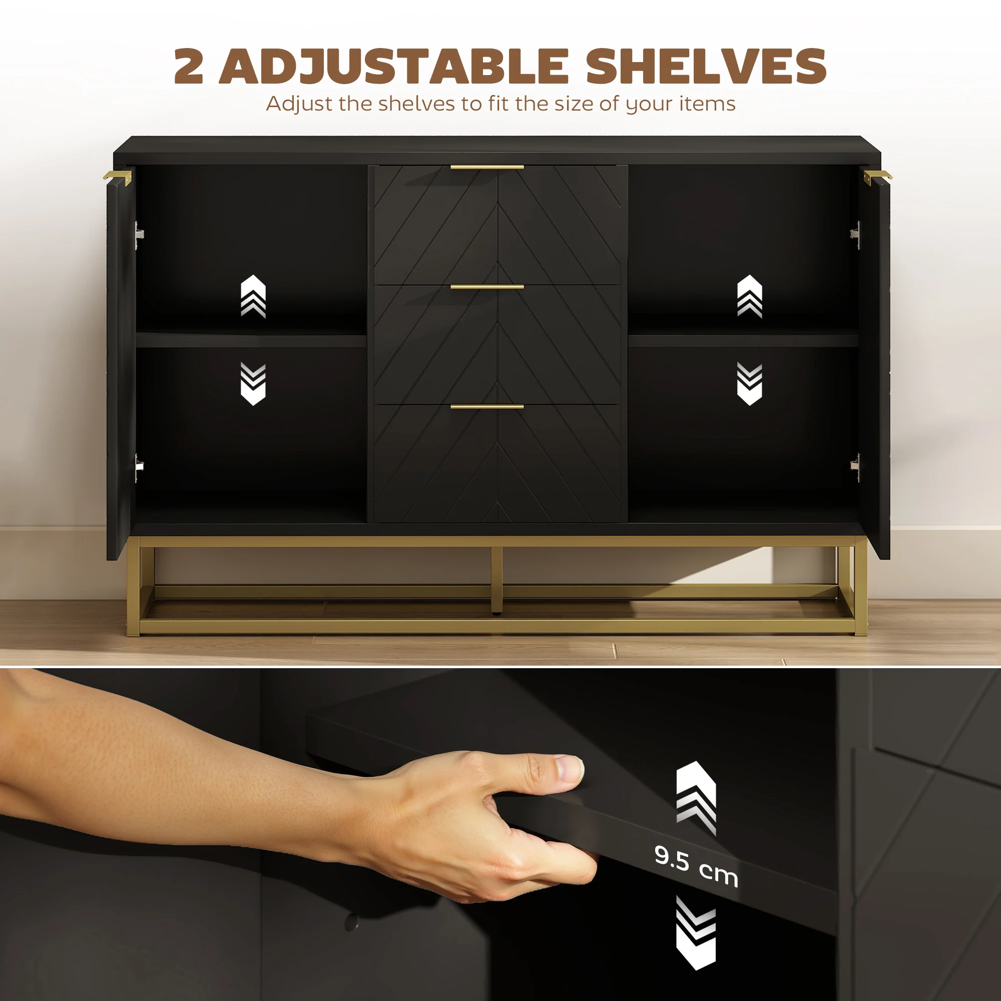HOMCOM Sideboard Storage Cabinet with Adjustable Shelves, Black - Image 6