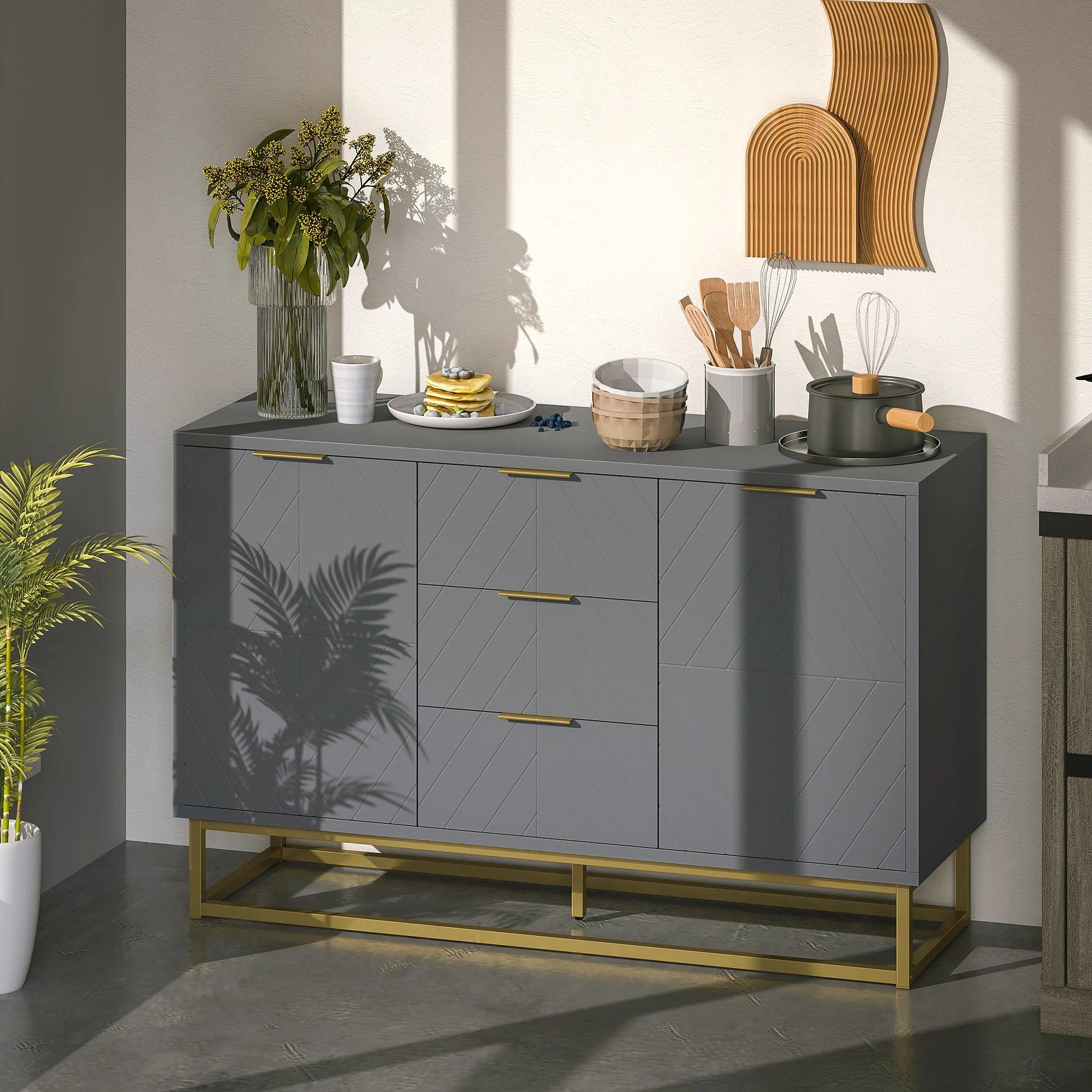HOMCOM Sideboard Storage Cabinet with Adjustable Shelves, Grey - Image 2