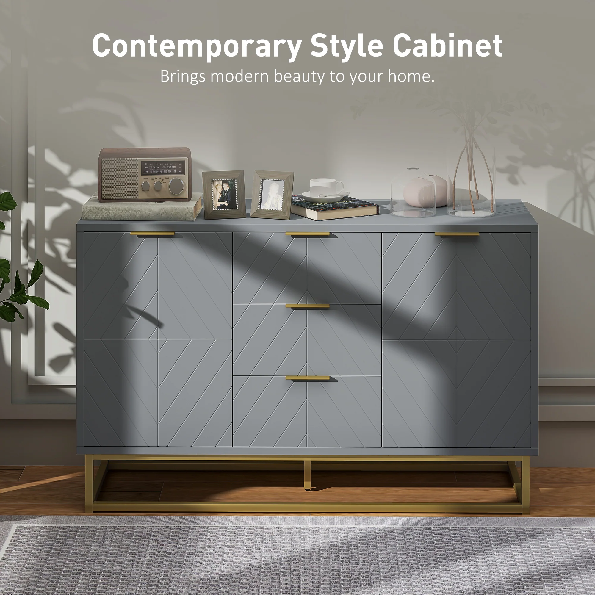 HOMCOM Sideboard Storage Cabinet with Adjustable Shelves, Grey - Image 3