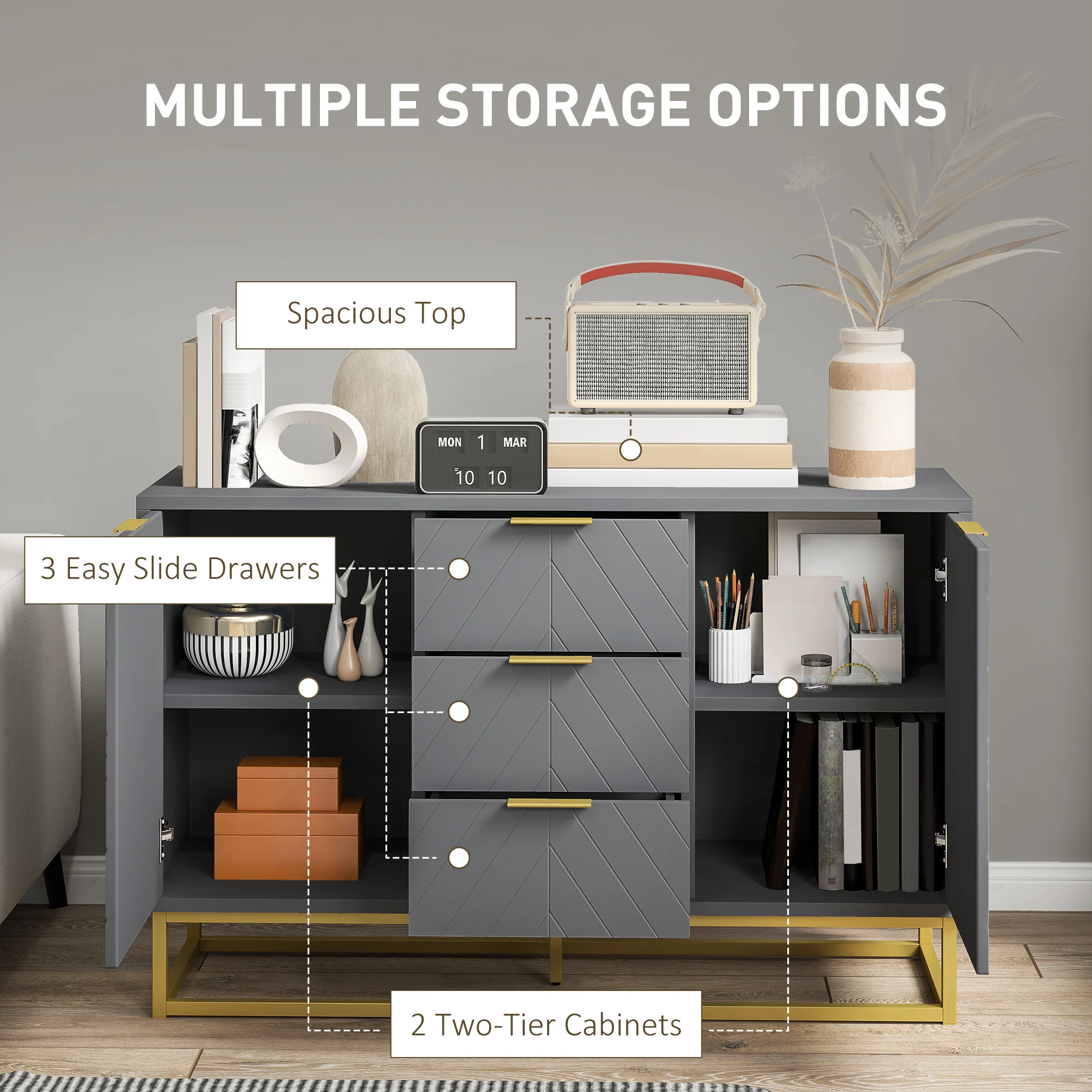 HOMCOM Sideboard Storage Cabinet with Adjustable Shelves, Grey - Image 4