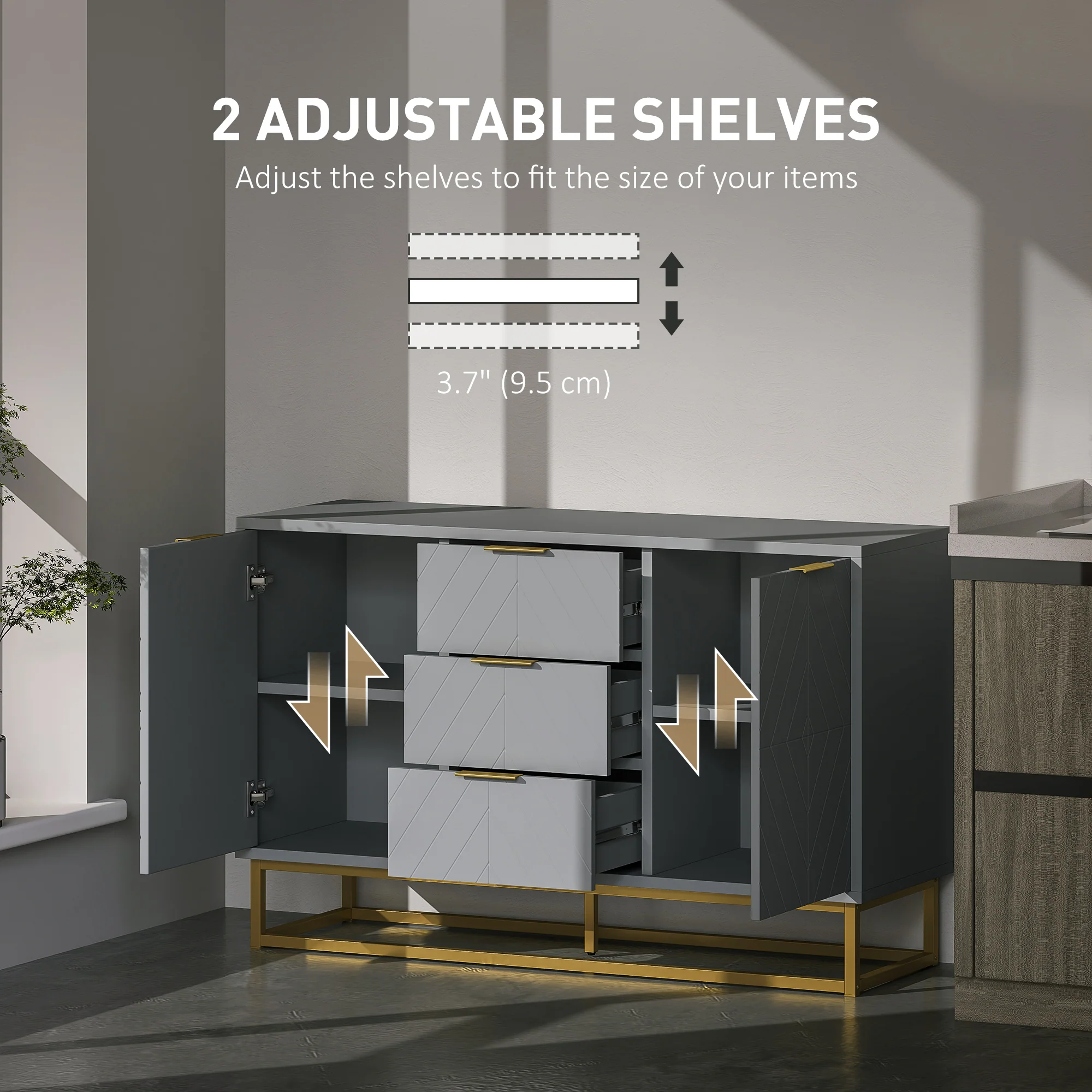 HOMCOM Sideboard Storage Cabinet with Adjustable Shelves, Grey - Image 6