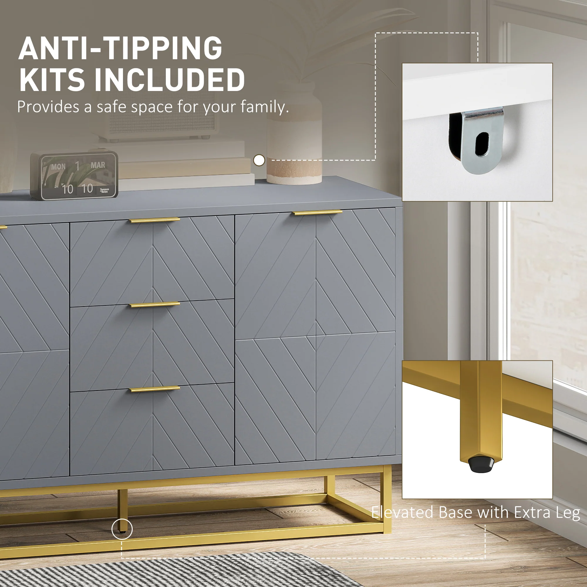 HOMCOM Sideboard Storage Cabinet with Adjustable Shelves, Grey - Image 7