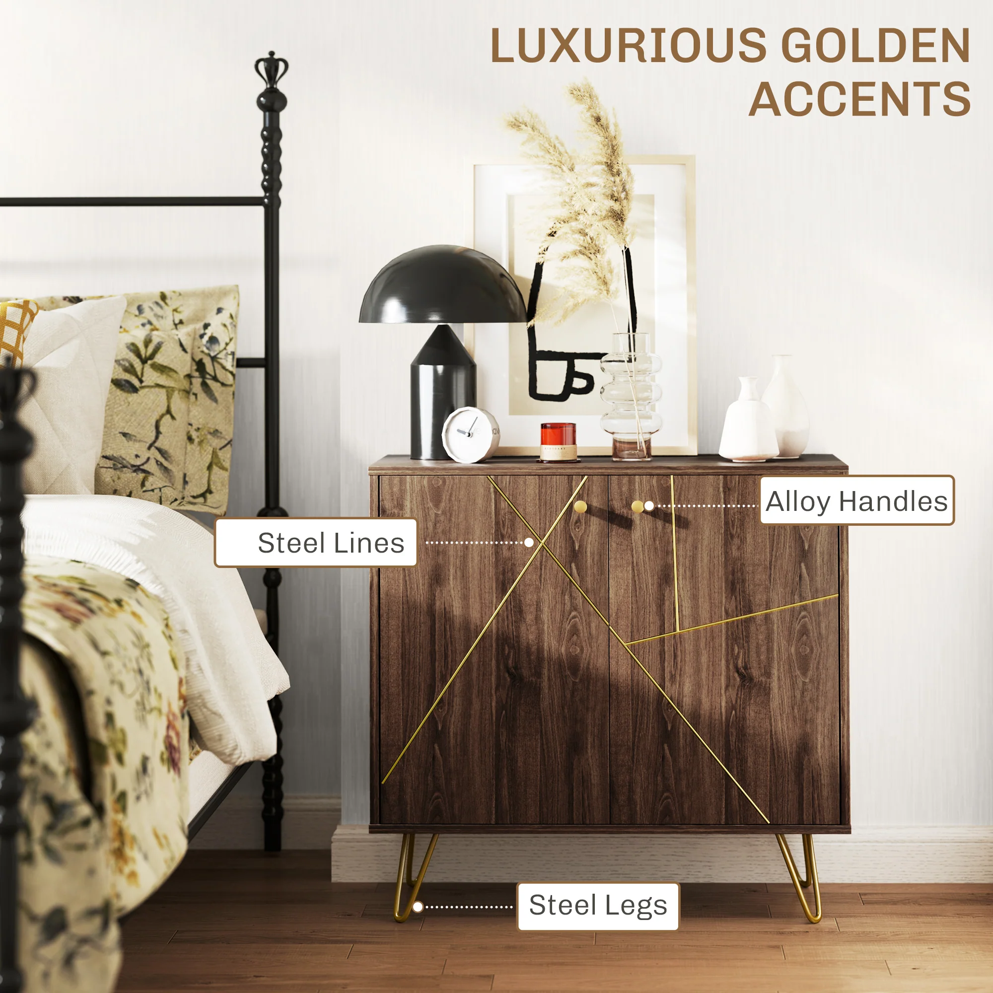 HOMCOM Sideboard Storage Cabinet with Luxurious Steel Lines Steel Legs Brown - Image 3