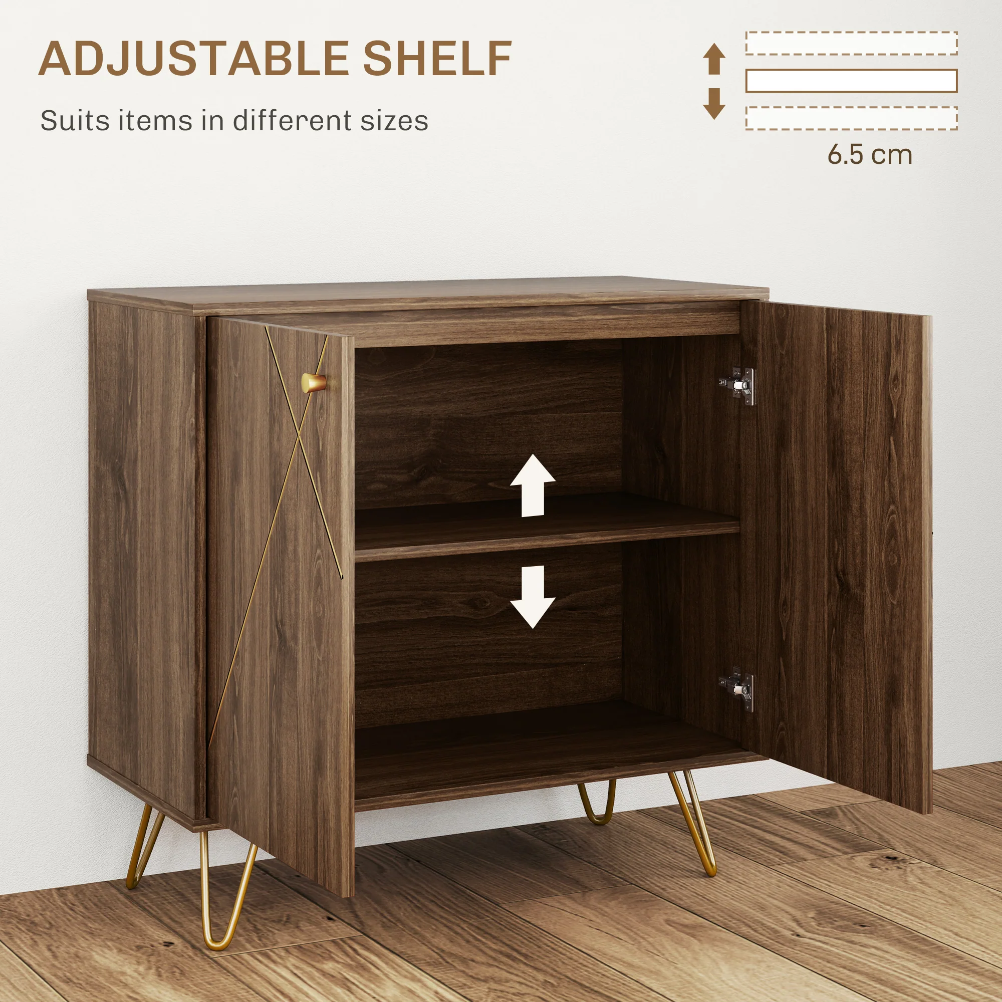 HOMCOM Sideboard Storage Cabinet with Luxurious Steel Lines Steel Legs Brown - Image 4