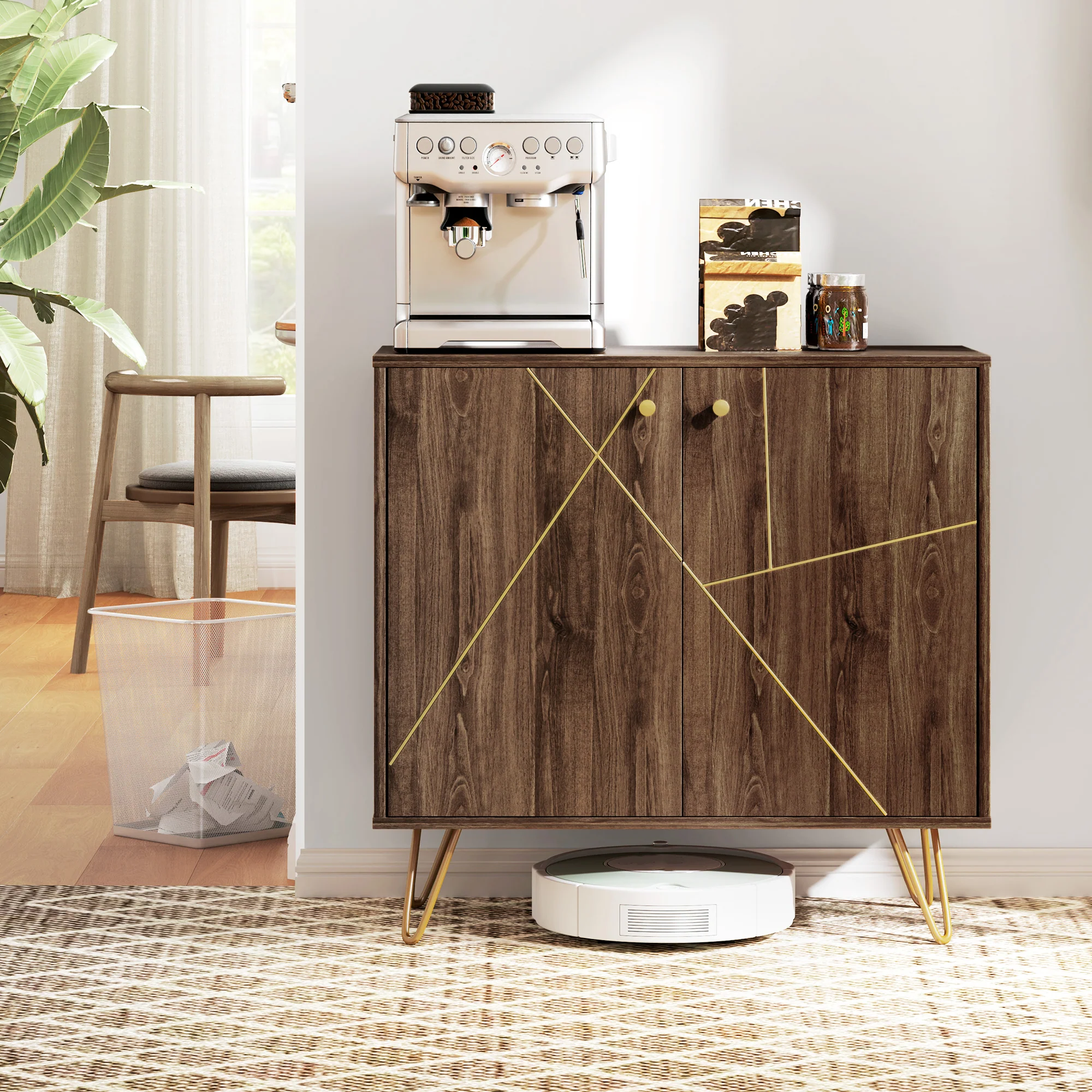 HOMCOM Sideboard Storage Cabinet with Luxurious Steel Lines Steel Legs Brown - Image 8