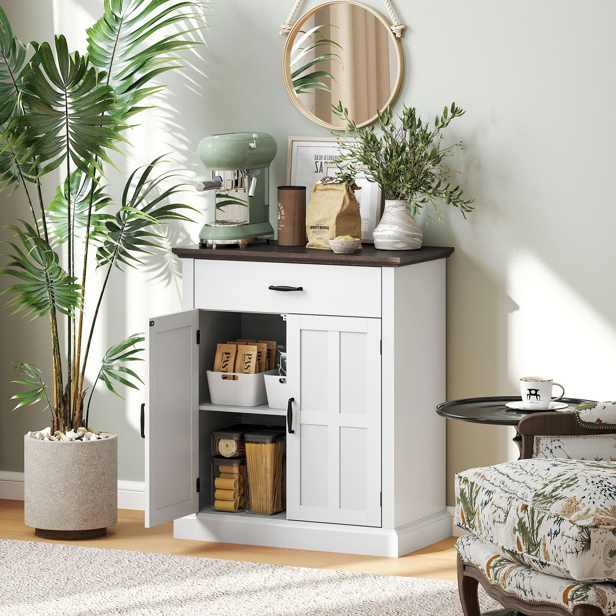 HOMCOM Sideboard Storage Cabinet with Thick Tabletop and 2 Barn Doors White - Image 2