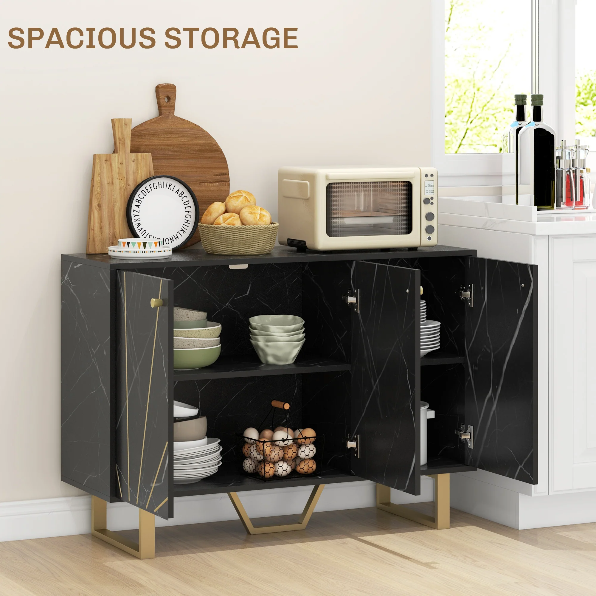 HOMCOM Sideboard Storage Cupboard With Metal Legs For Living Room, Black - Image 3