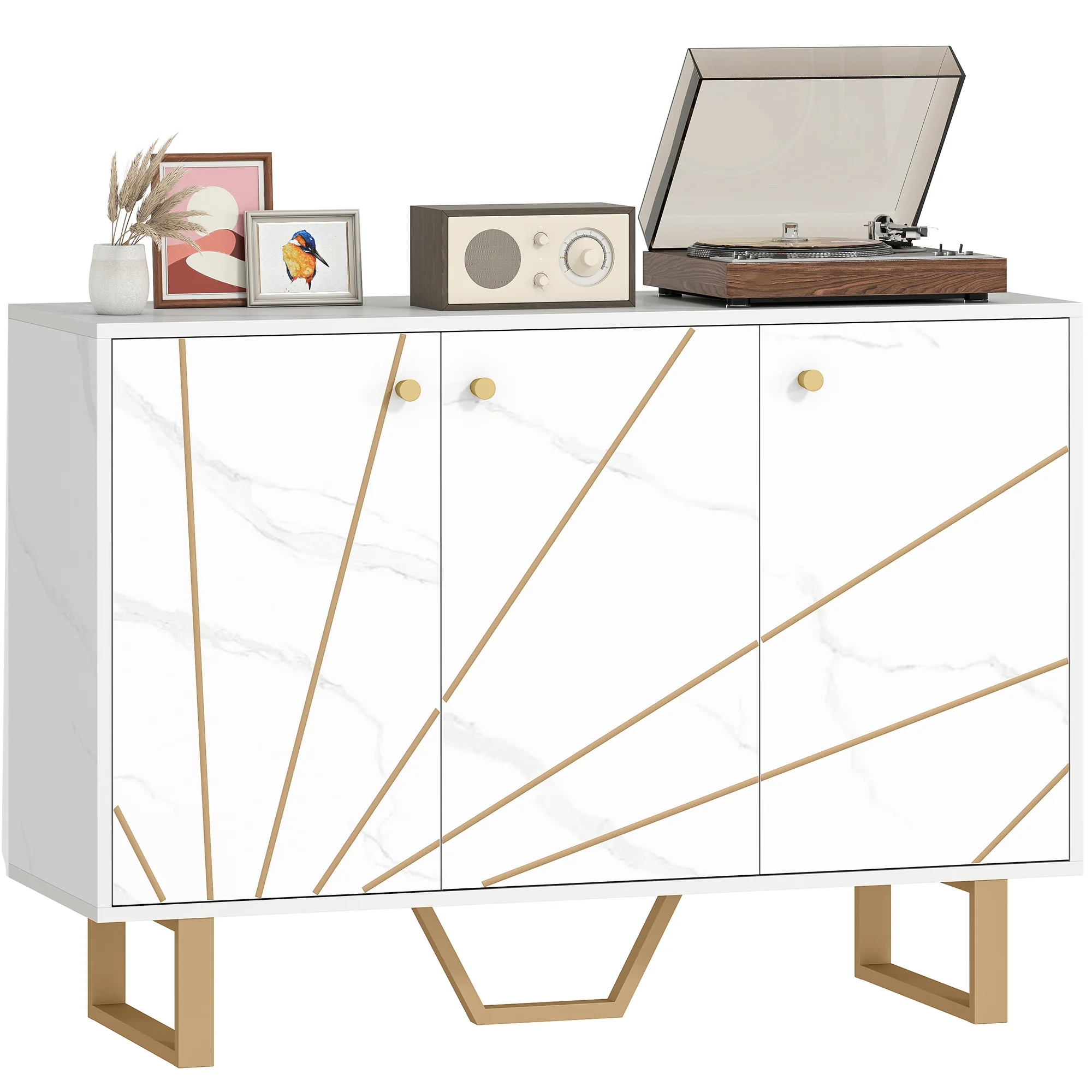 HOMCOM Sideboard Storage Cupboard With Metal Legs For Living Room, White
