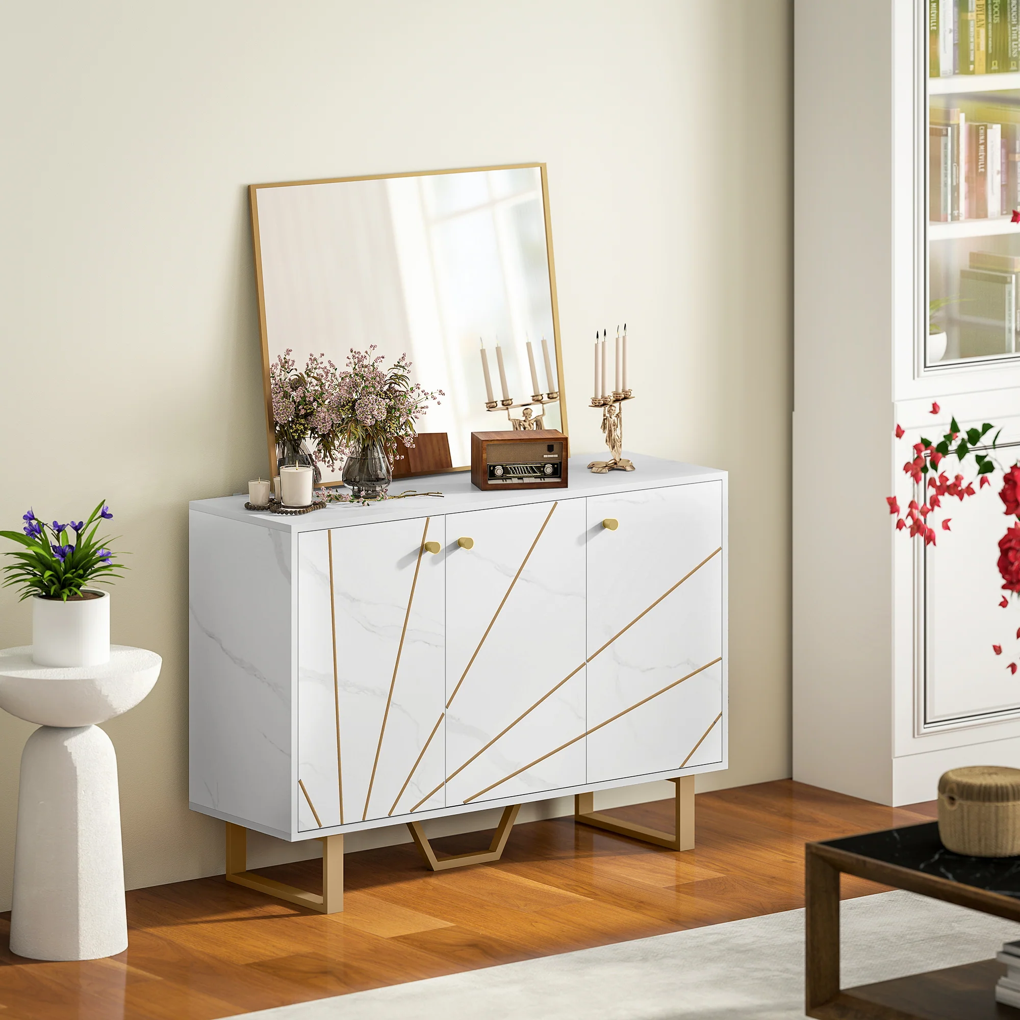 HOMCOM Sideboard Storage Cupboard With Metal Legs For Living Room, White - Image 8