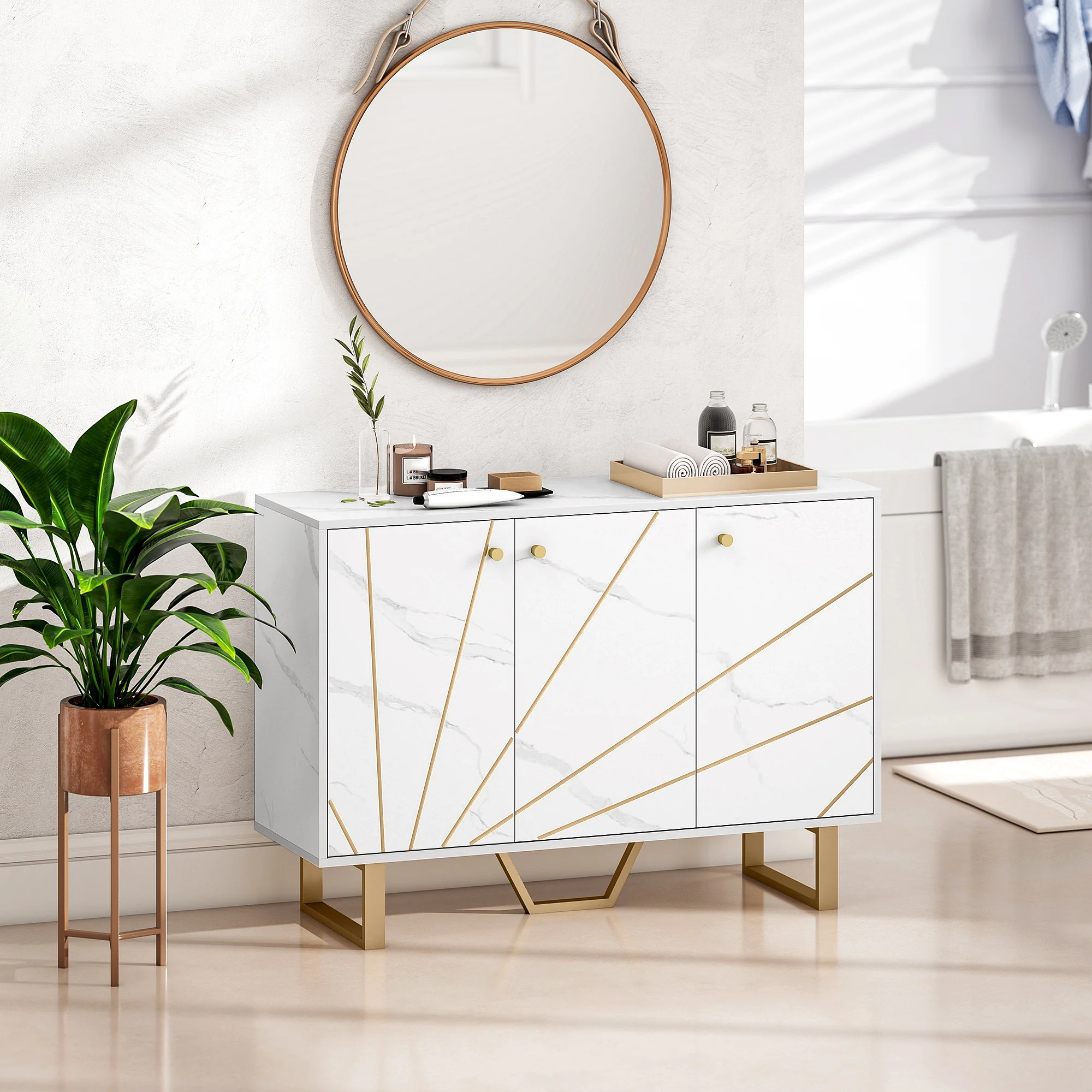 HOMCOM Sideboard Storage Cupboard With Metal Legs For Living Room, White - Image 9