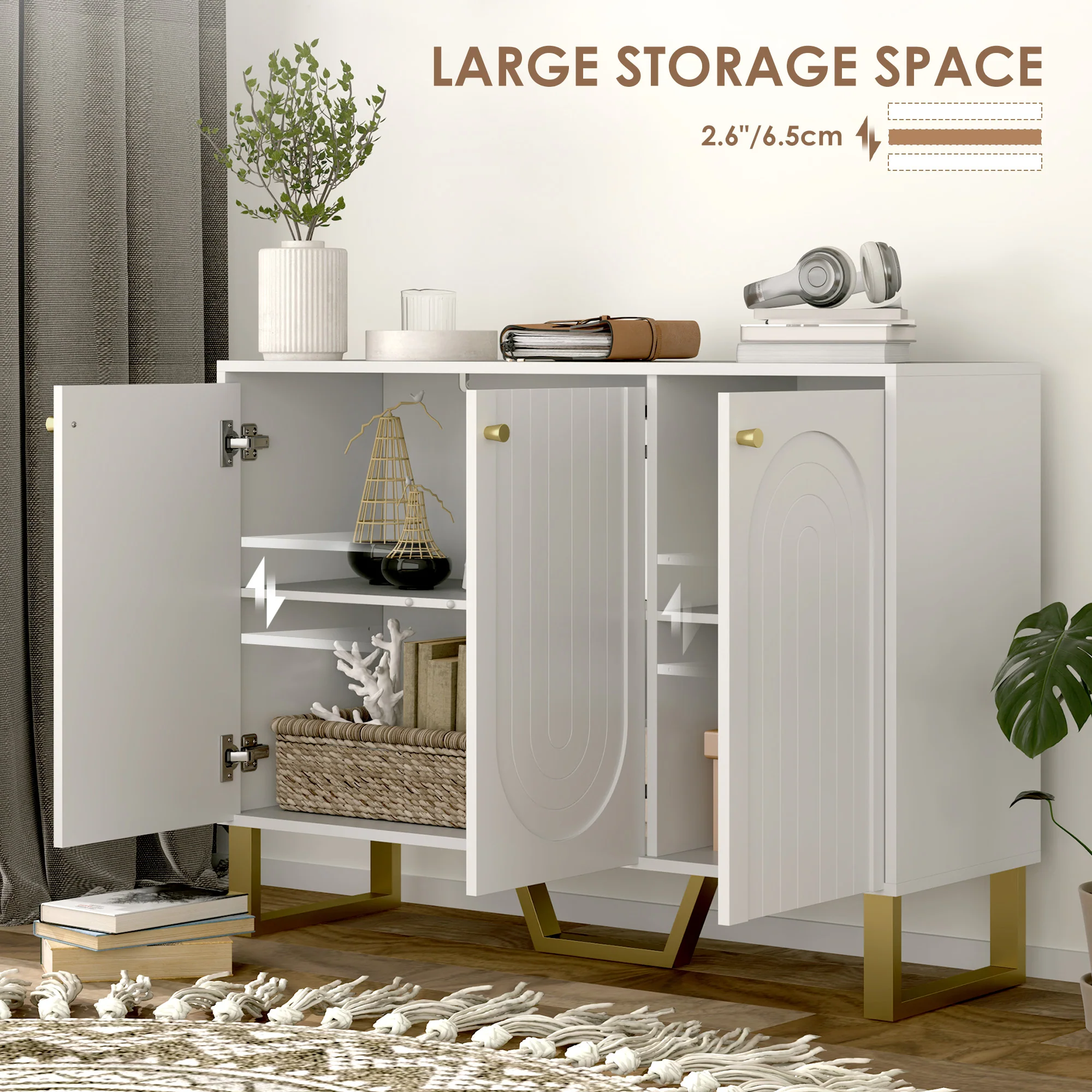 HOMCOM Sideboard With Adjustable Shelves & Doors For Living Room, White - Image 3