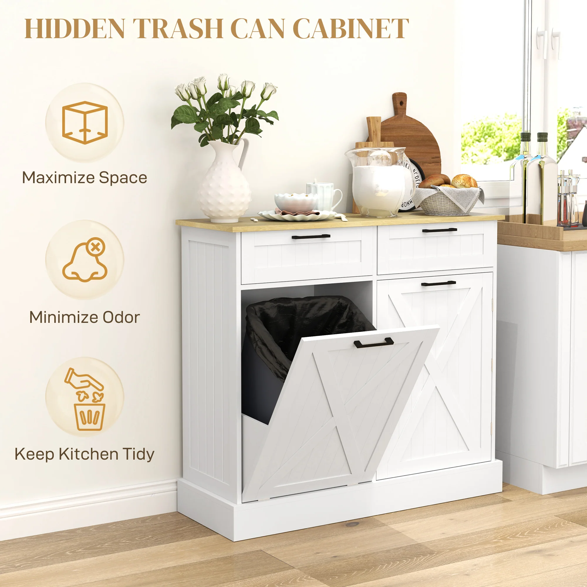 HOMCOM Sideboard with Trash Bin, Farmhouse Kitchen Sideboard with 2 Drawers - Image 4