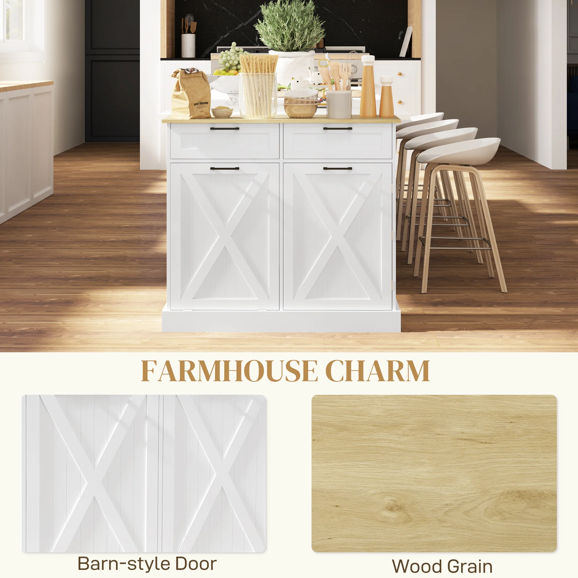 HOMCOM Sideboard with Trash Bin, Farmhouse Kitchen Sideboard with 2 Drawers - Image 7