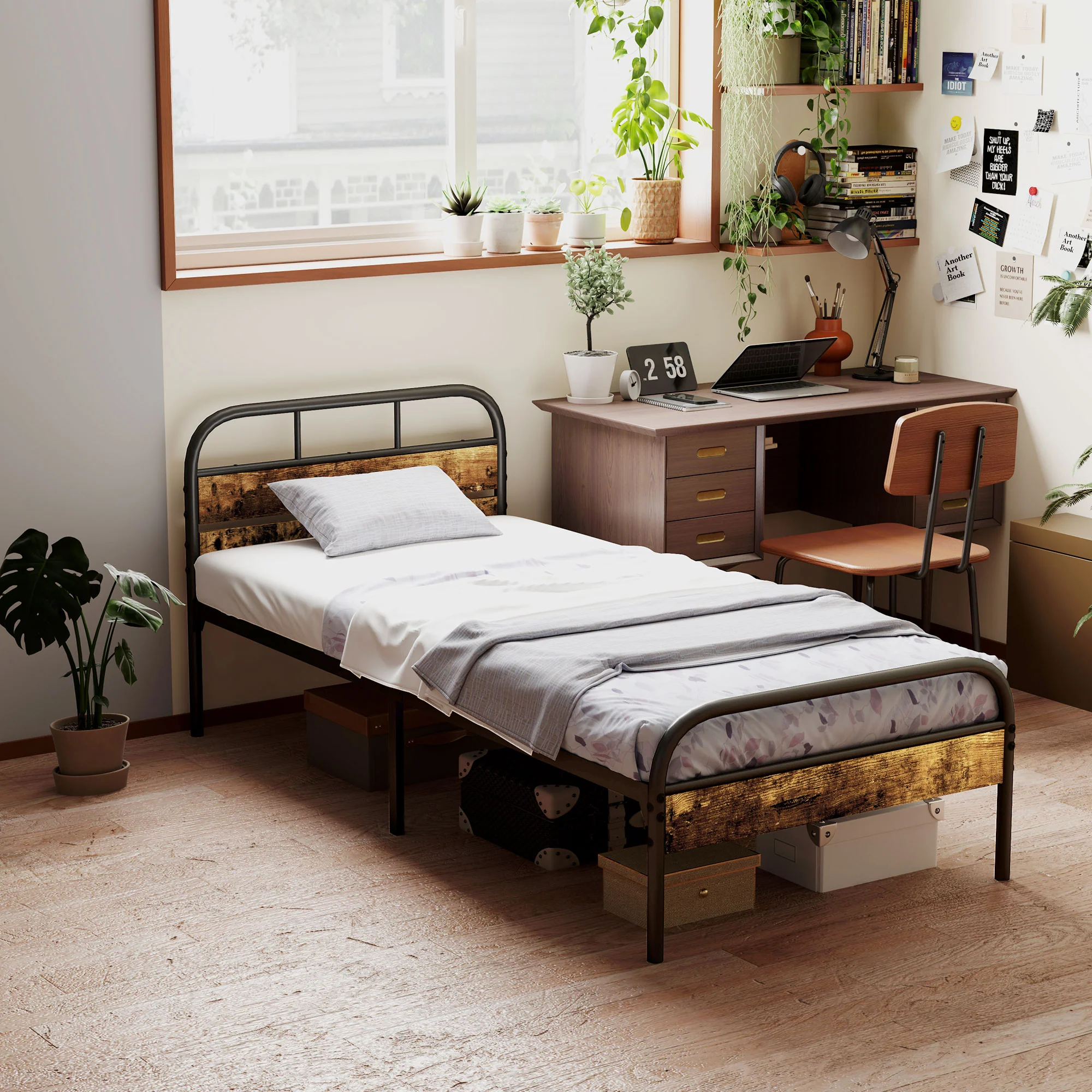 HOMCOM Single Bed Frame With Headboard, No Box Spring Needed, Rustic Brown - Image 2