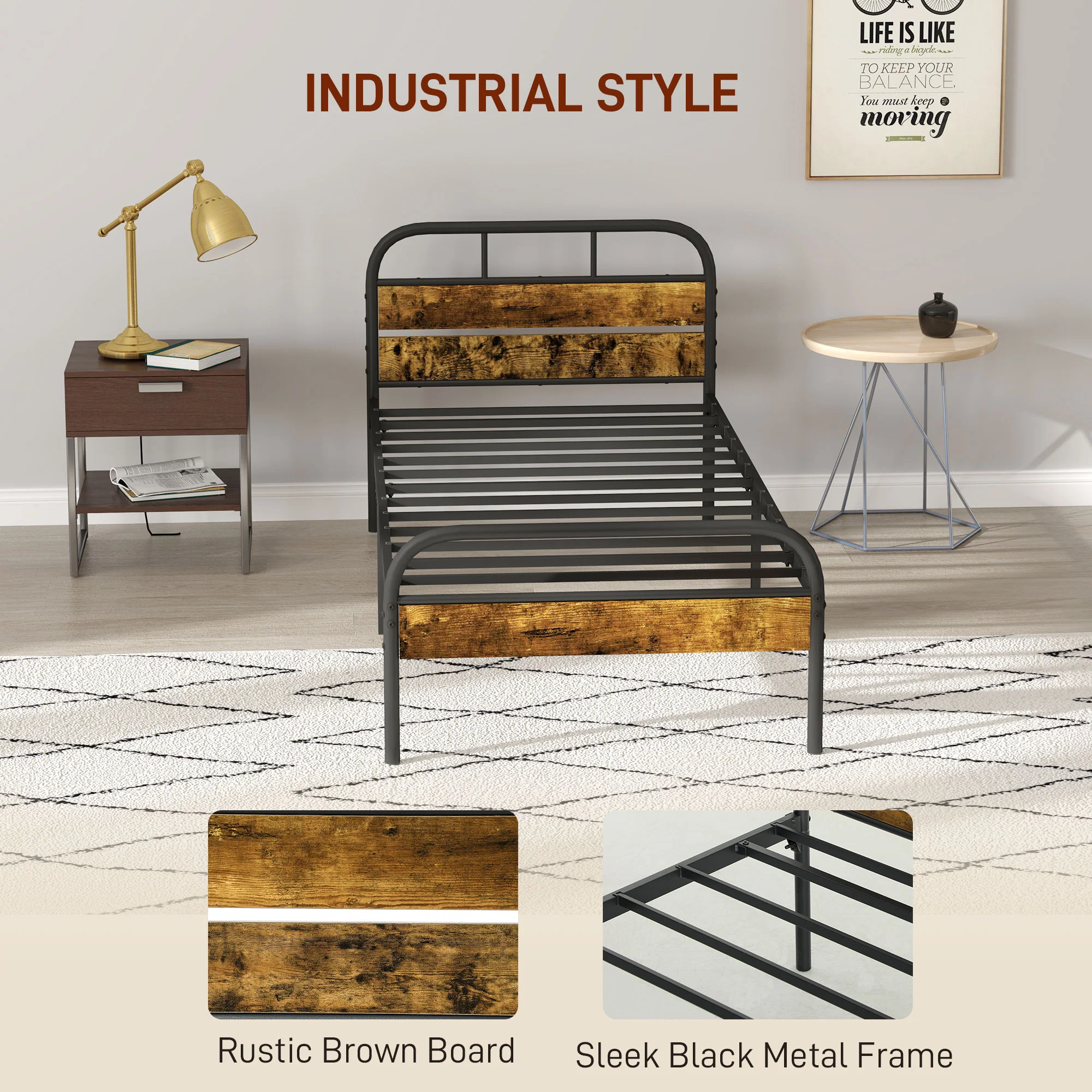 HOMCOM Single Bed Frame With Headboard, No Box Spring Needed, Rustic Brown - Image 3