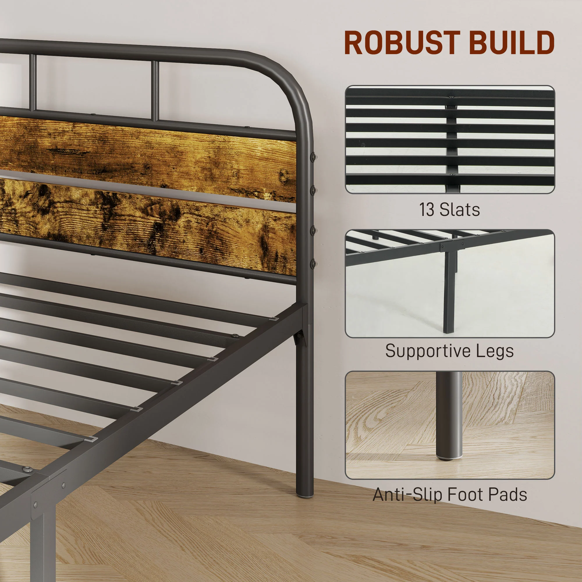 HOMCOM Single Bed Frame With Headboard, No Box Spring Needed, Rustic Brown - Image 4