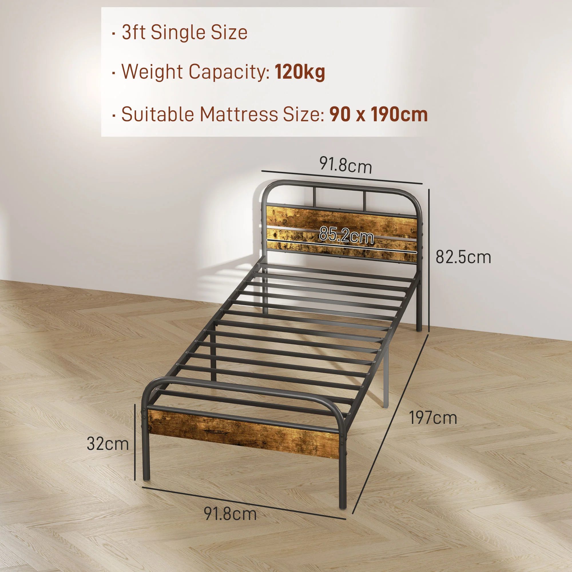 HOMCOM Single Bed Frame With Headboard, No Box Spring Needed, Rustic Brown - Image 5
