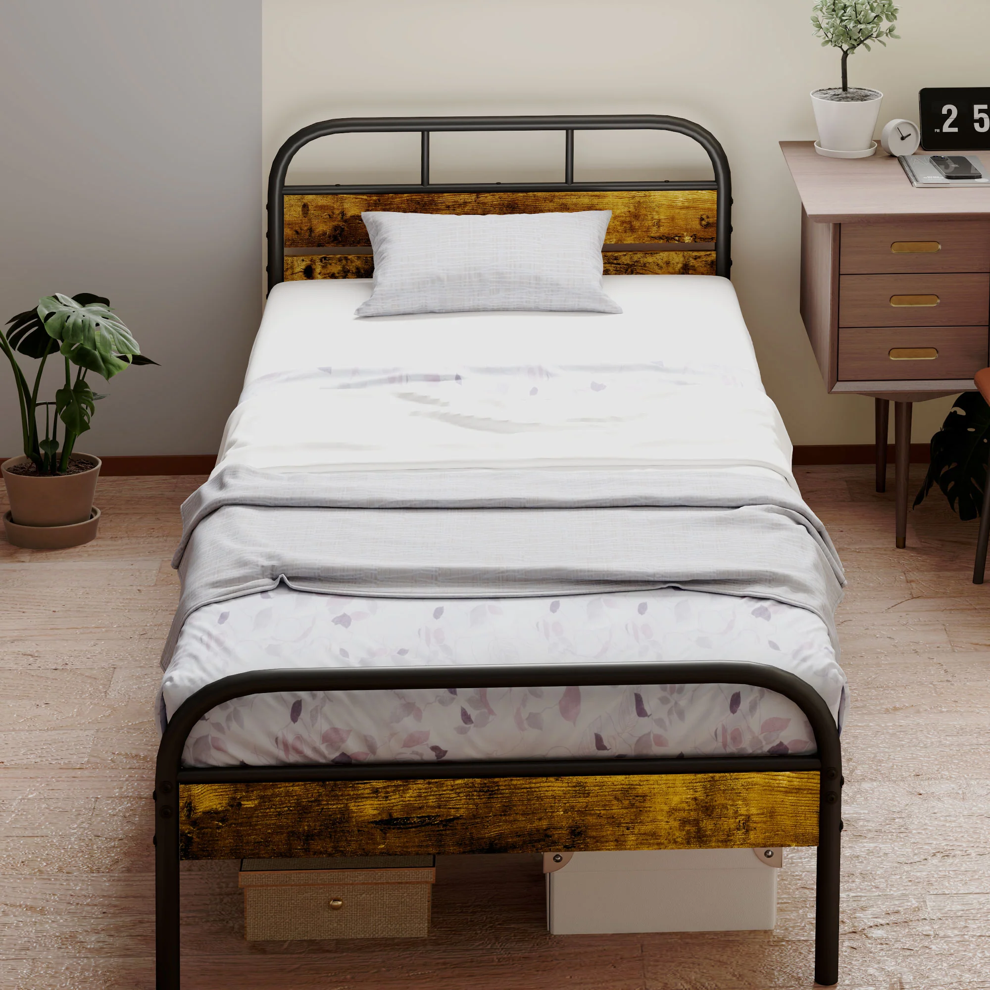 HOMCOM Single Bed Frame With Headboard, No Box Spring Needed, Rustic Brown - Image 7