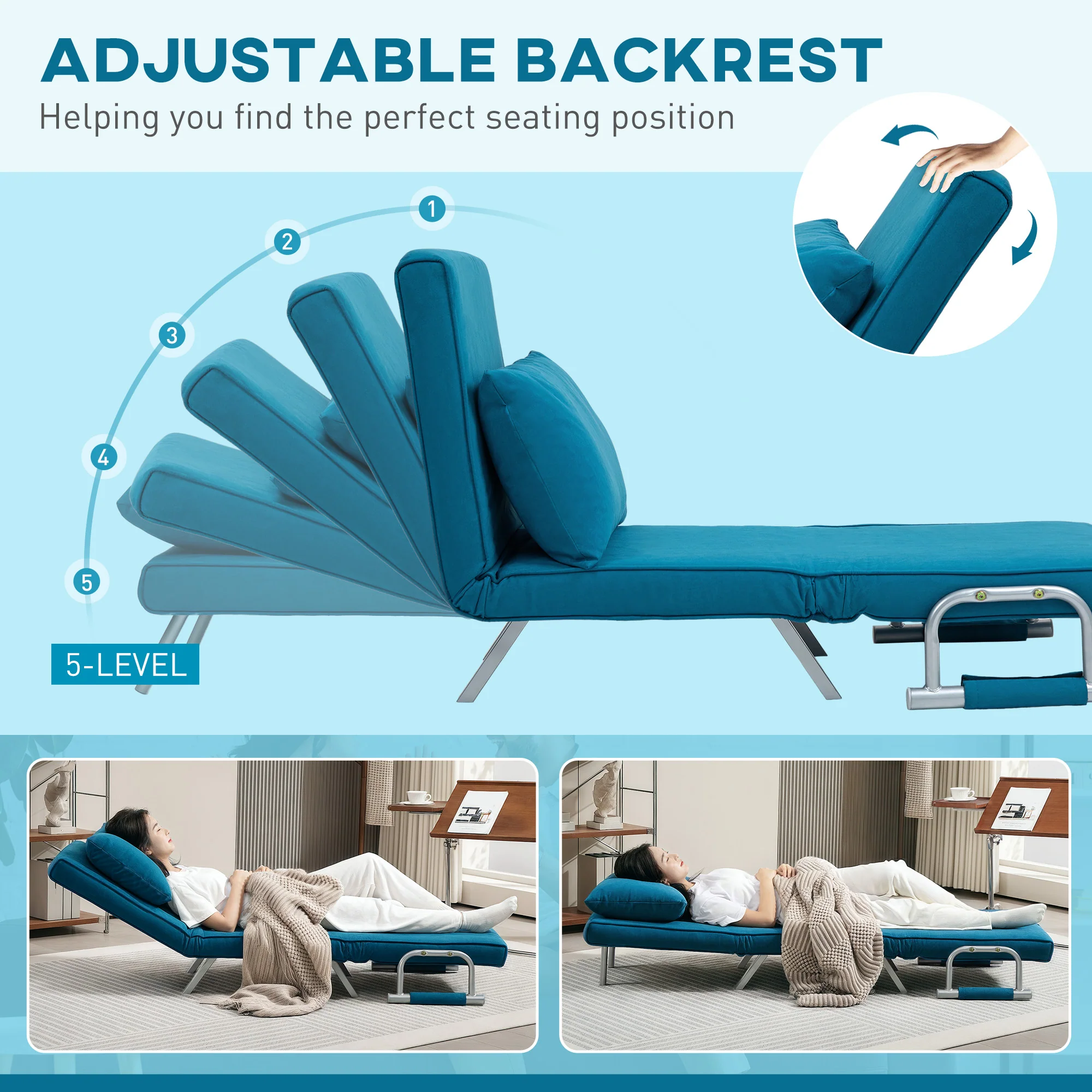 HOMCOM Single Folding 5 Position Convertible Sleeper Chair Bed - Image 3