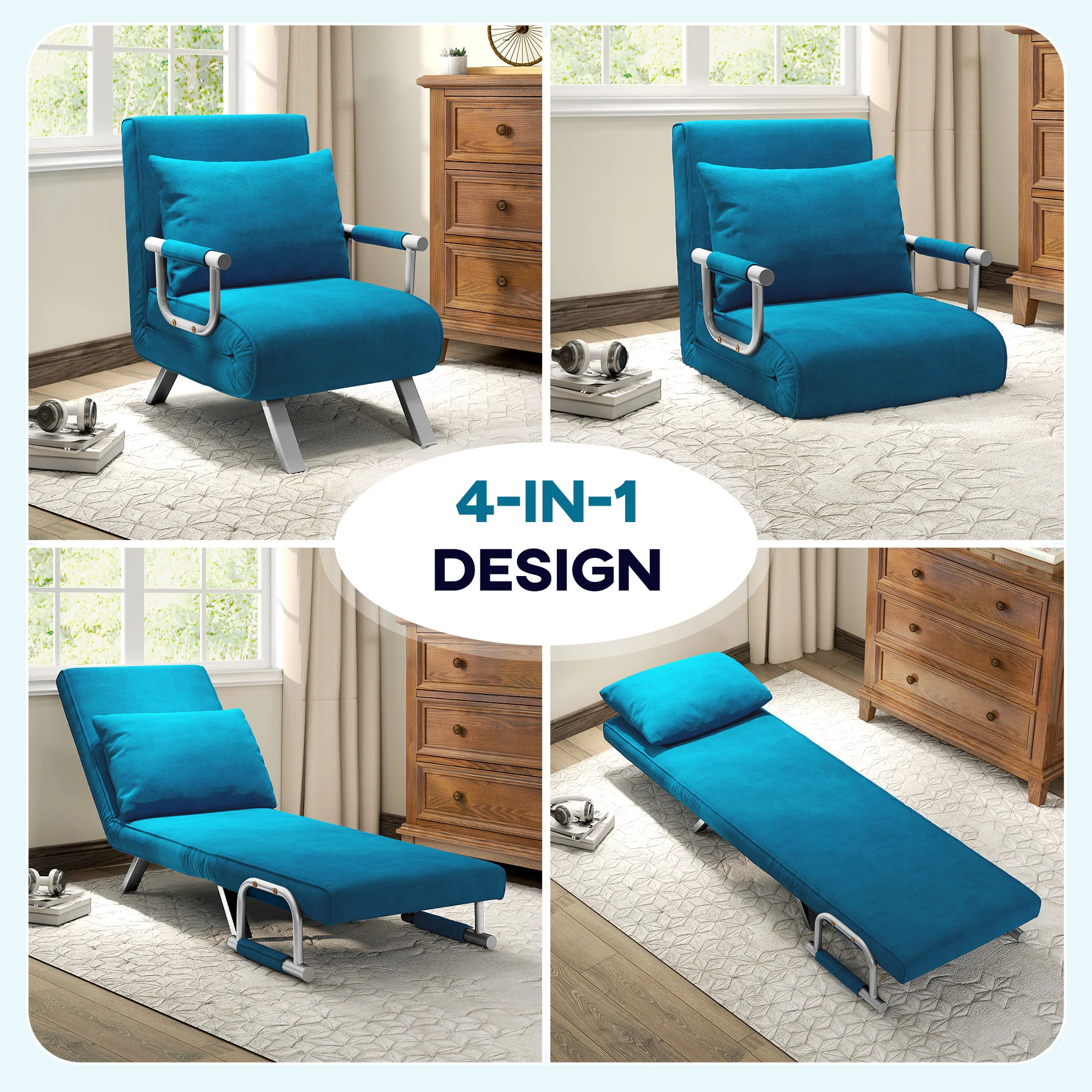 HOMCOM Single Folding 5 Position Convertible Sleeper Chair Bed - Image 4