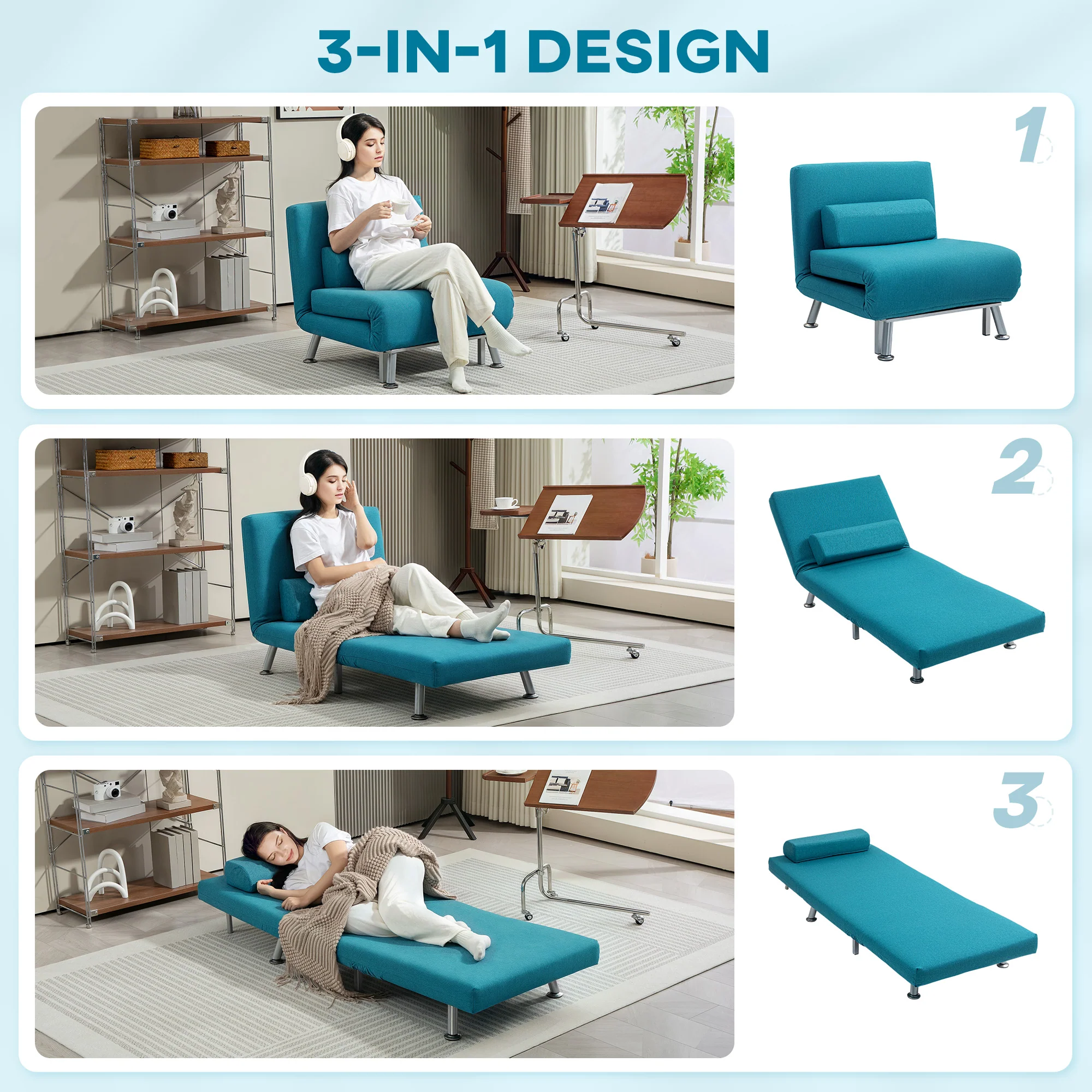 HOMCOM Single Folding 5 Position Convertible Sleeper Chair Bed - Image 12