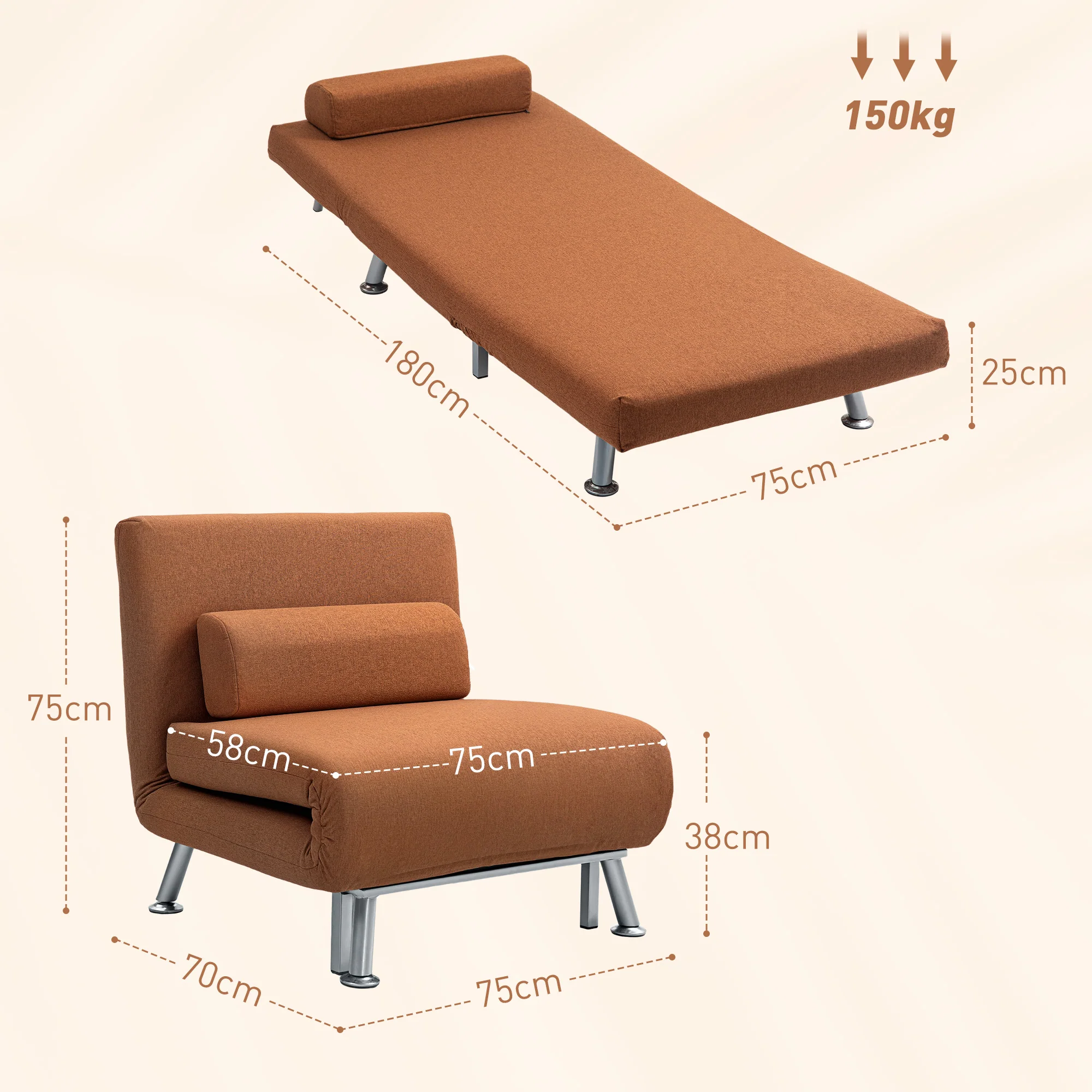HOMCOM Single Folding 5 Position Convertible Sleeper Chair Bed - Image 5
