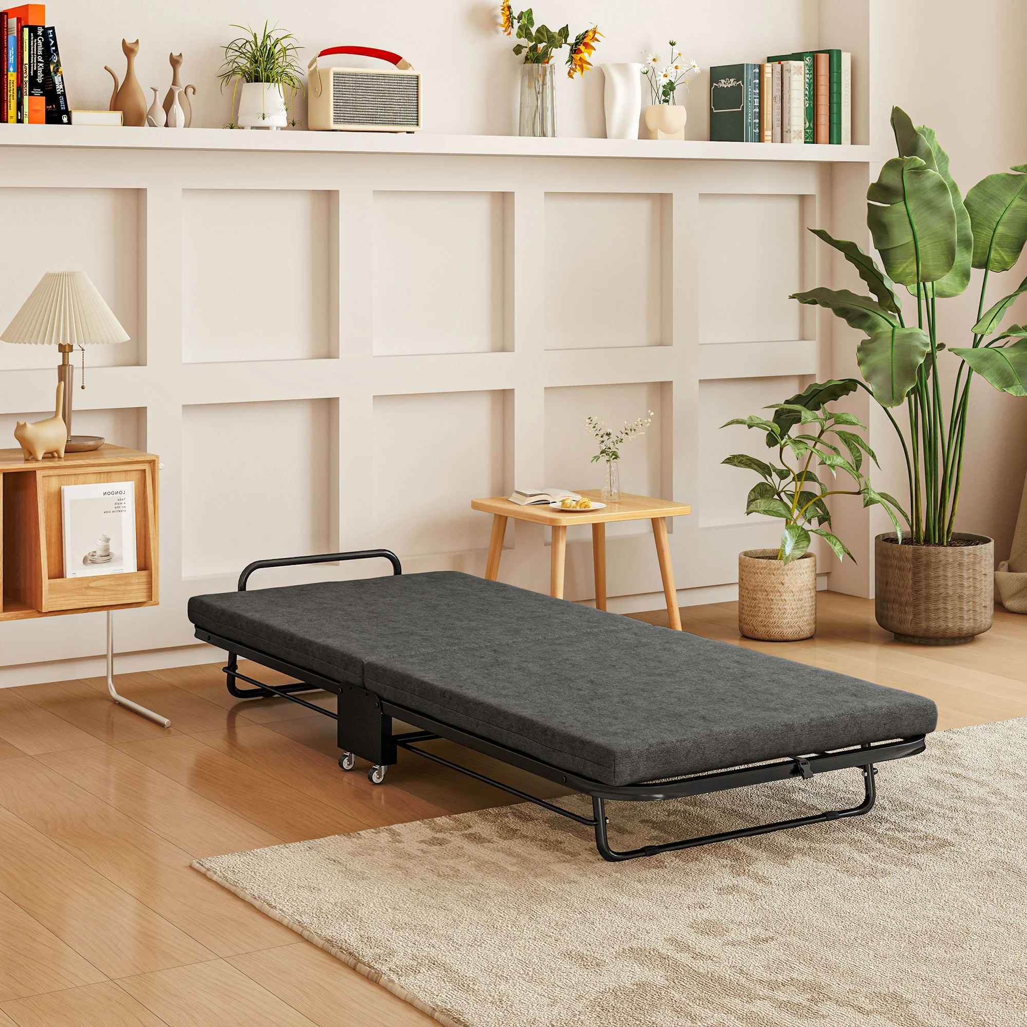 HOMCOM Single Folding Bed With Mattress Foldable Guest Bed On Wheels, Grey - Image 2
