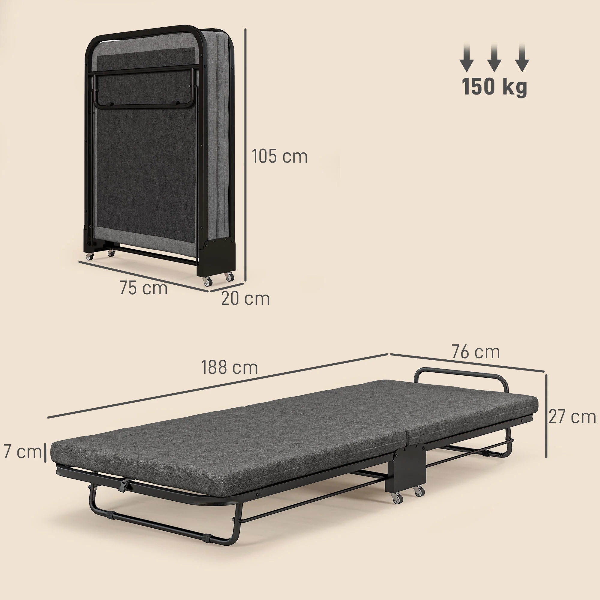 HOMCOM Single Folding Bed With Mattress Foldable Guest Bed On Wheels, Grey - Image 5