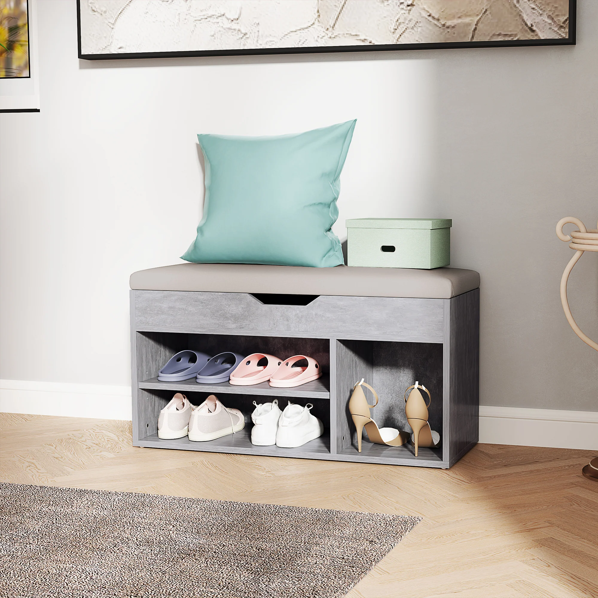 HOMCOM Sit-On Shoe Storage Unit W/ Hidden Compartment Handles - Image 11