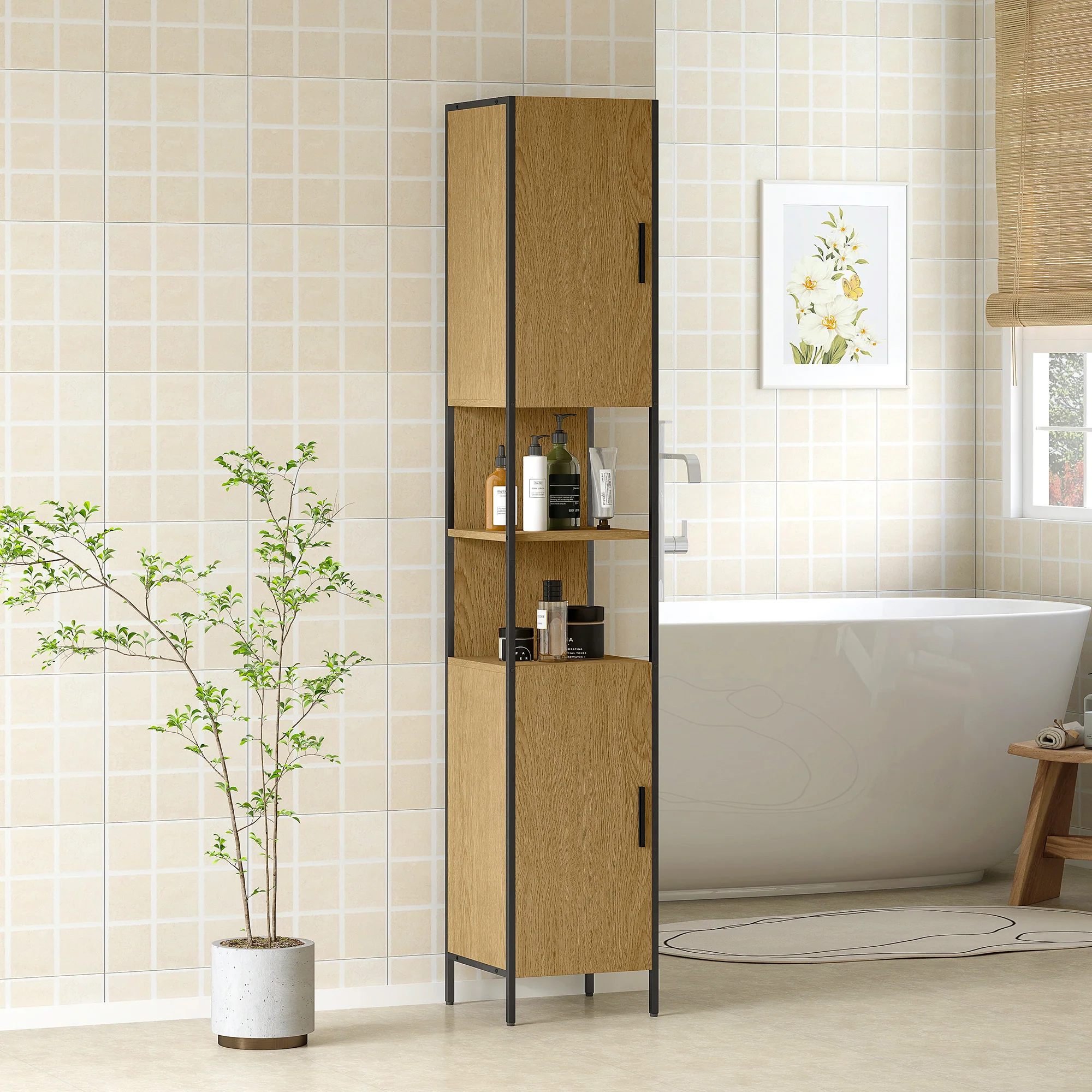 HOMCOM Slim Bathroom Storage Cabinet with 2 Doors Open Compartments Natural - Image 2