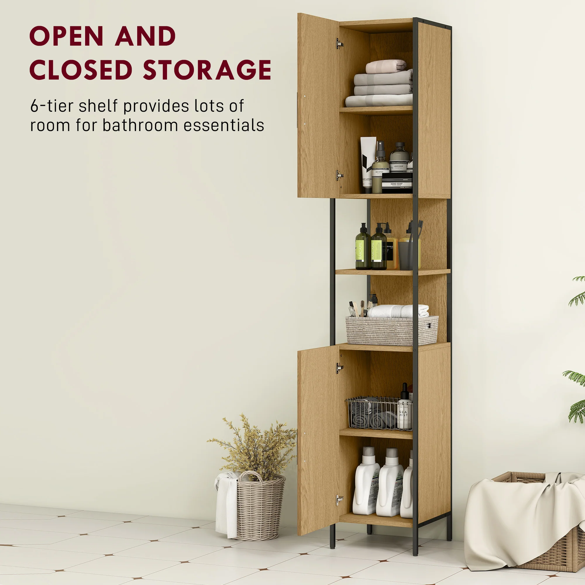 HOMCOM Slim Bathroom Storage Cabinet with 2 Doors Open Compartments Natural - Image 3