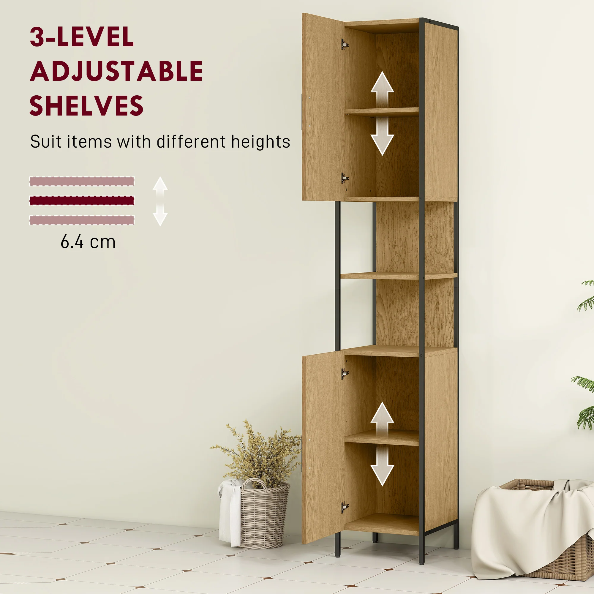 HOMCOM Slim Bathroom Storage Cabinet with 2 Doors Open Compartments Natural - Image 4