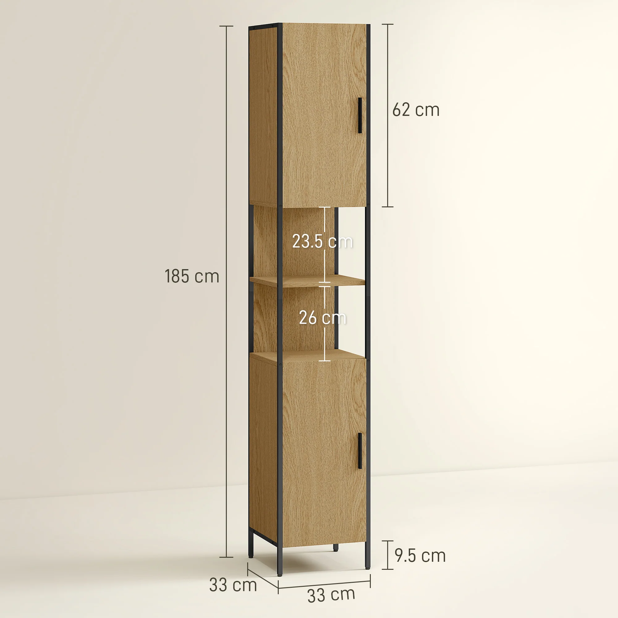HOMCOM Slim Bathroom Storage Cabinet with 2 Doors Open Compartments Natural - Image 5