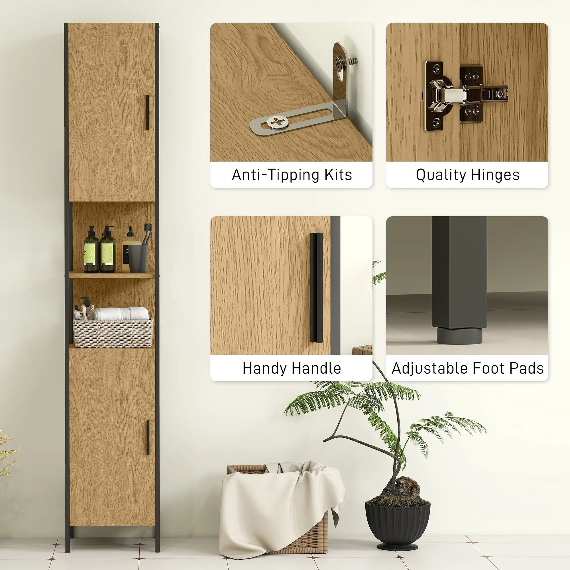 HOMCOM Slim Bathroom Storage Cabinet with 2 Doors Open Compartments Natural - Image 6