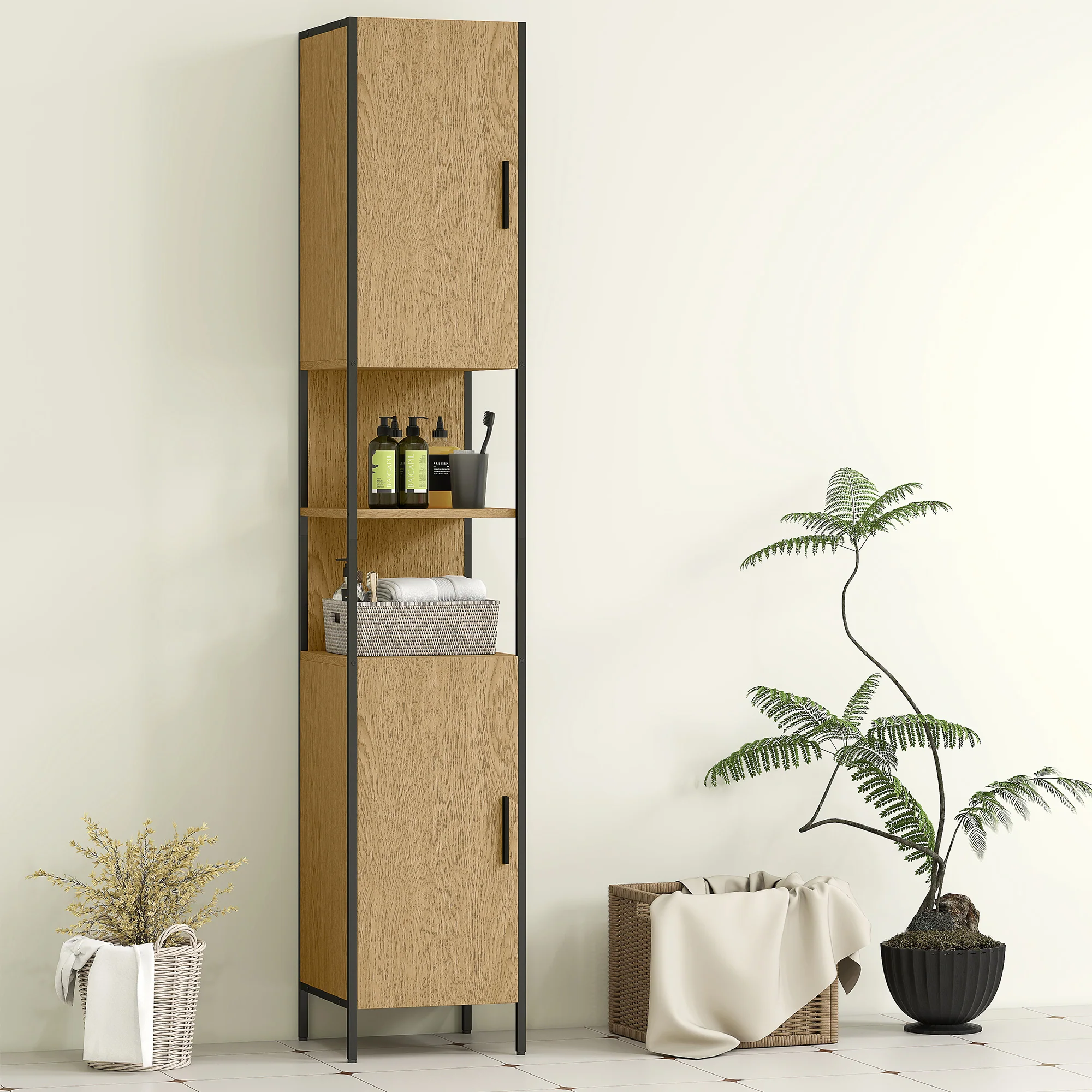 HOMCOM Slim Bathroom Storage Cabinet with 2 Doors Open Compartments Natural - Image 7
