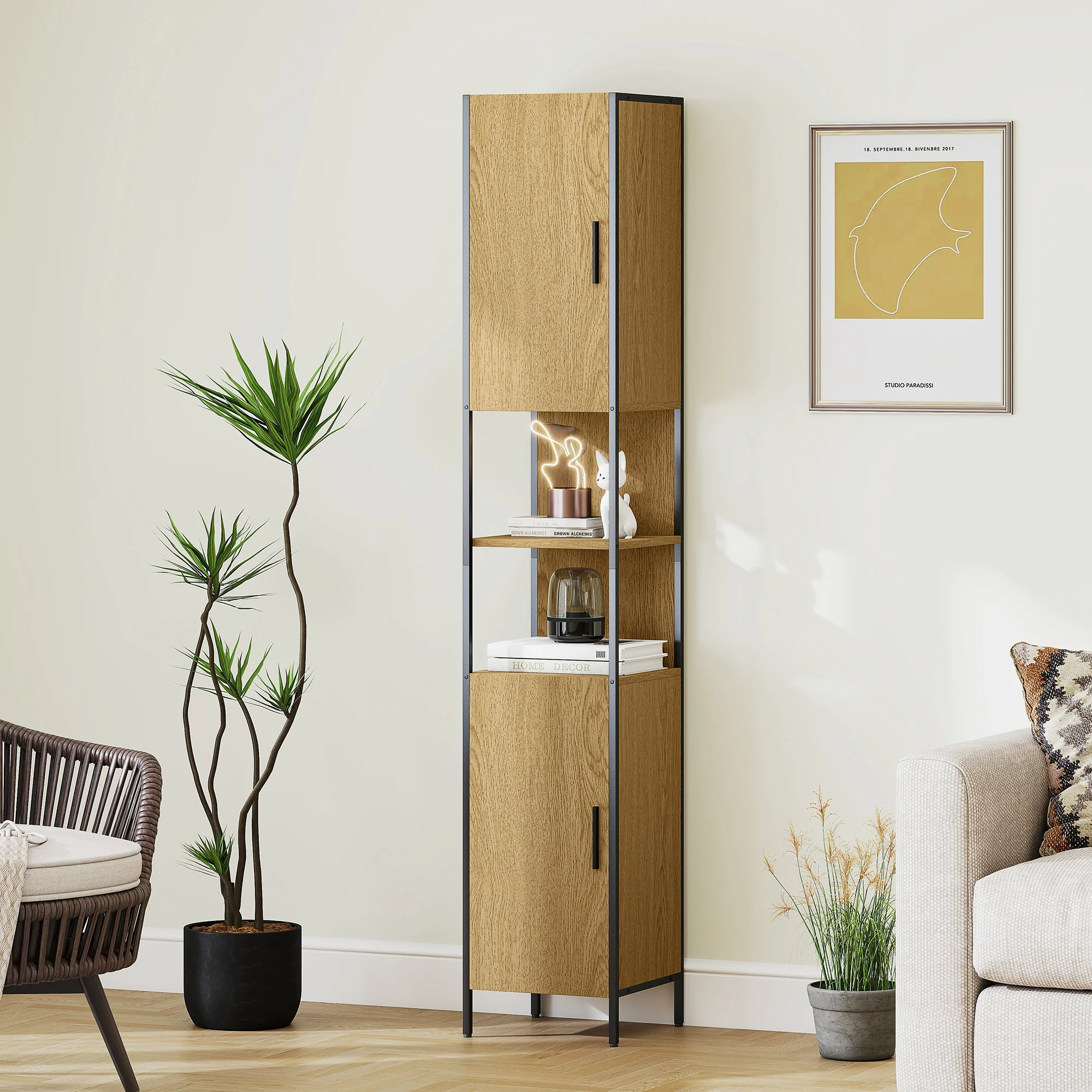 HOMCOM Slim Bathroom Storage Cabinet with 2 Doors Open Compartments Natural - Image 8