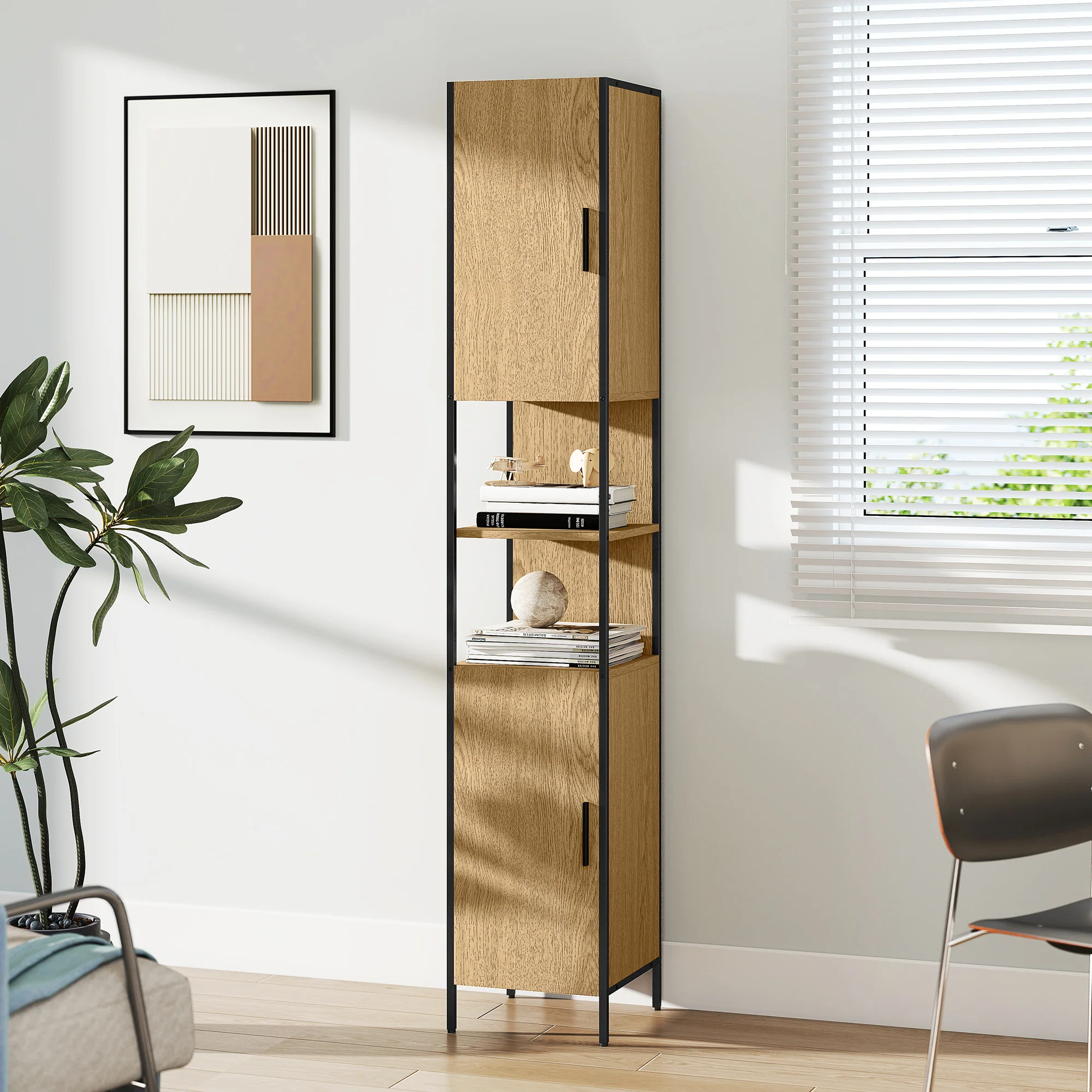 HOMCOM Slim Bathroom Storage Cabinet with 2 Doors Open Compartments Natural - Image 9