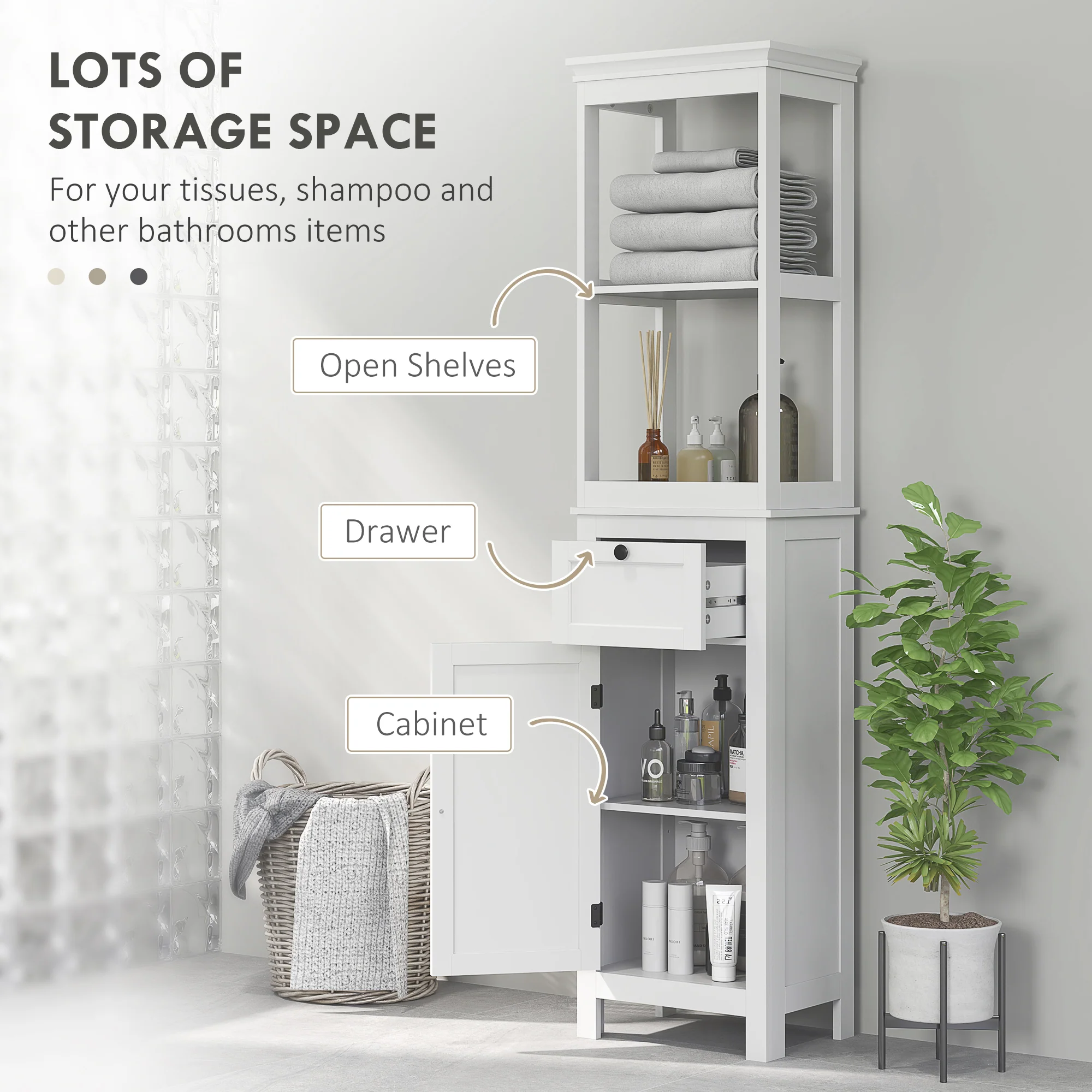 HOMCOM Slim Bathroom Storage Cabinet With Open Shelves And Drawer, White - Image 3