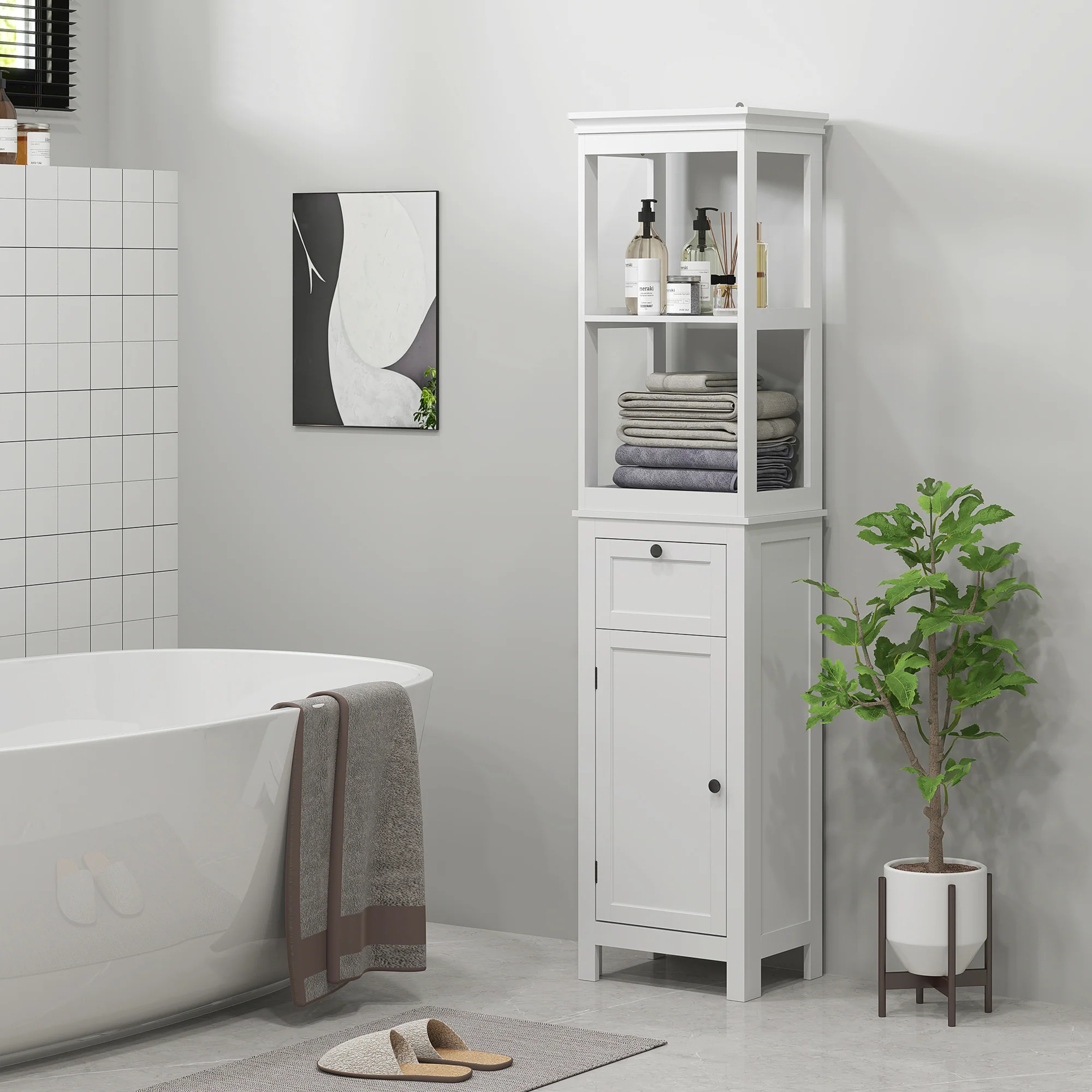 HOMCOM Slim Bathroom Storage Cabinet With Open Shelves And Drawer, White - Image 8