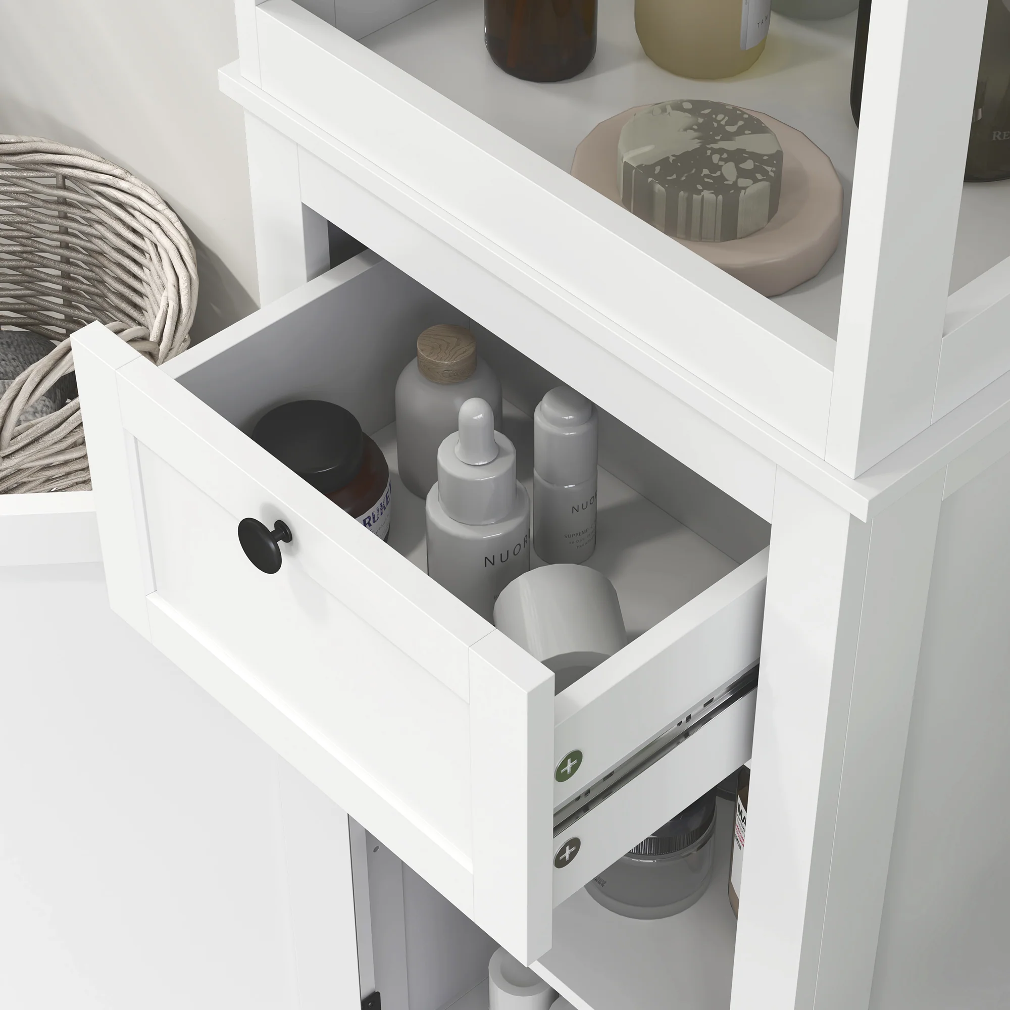 HOMCOM Slim Bathroom Storage Cabinet With Open Shelves And Drawer, White - Image 9