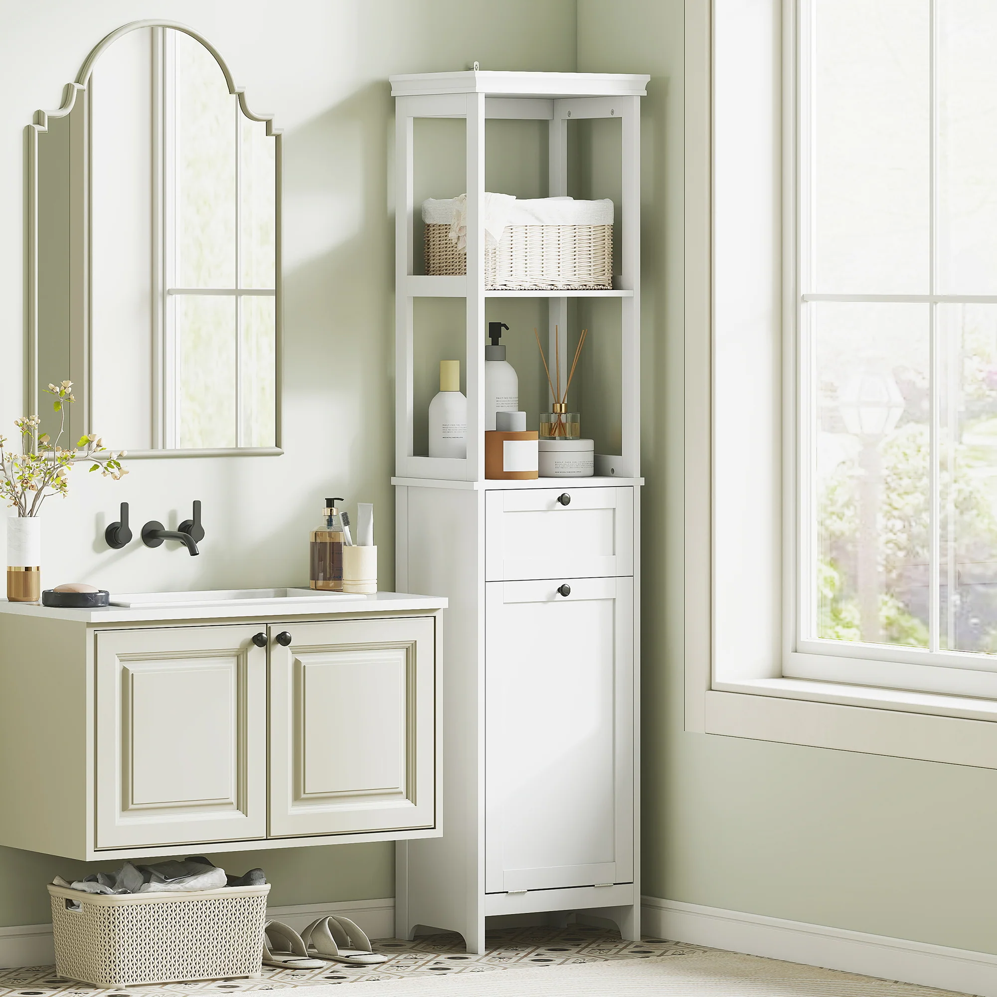HOMCOM Slim Bathroom Storage Unit with Tilt-Out Laundry Cabinet Drawer White - Image 2