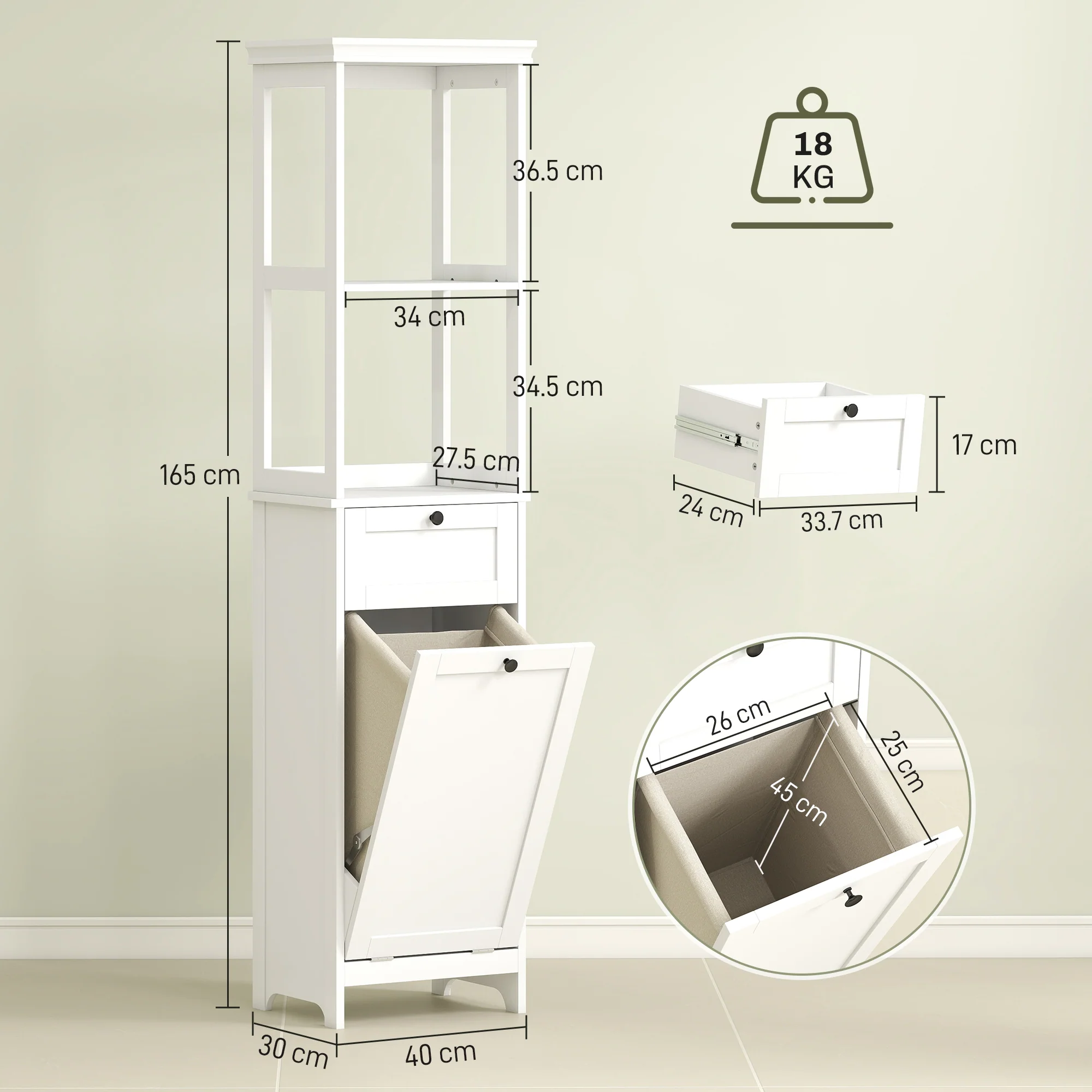 HOMCOM Slim Bathroom Storage Unit with Tilt-Out Laundry Cabinet Drawer White - Image 5
