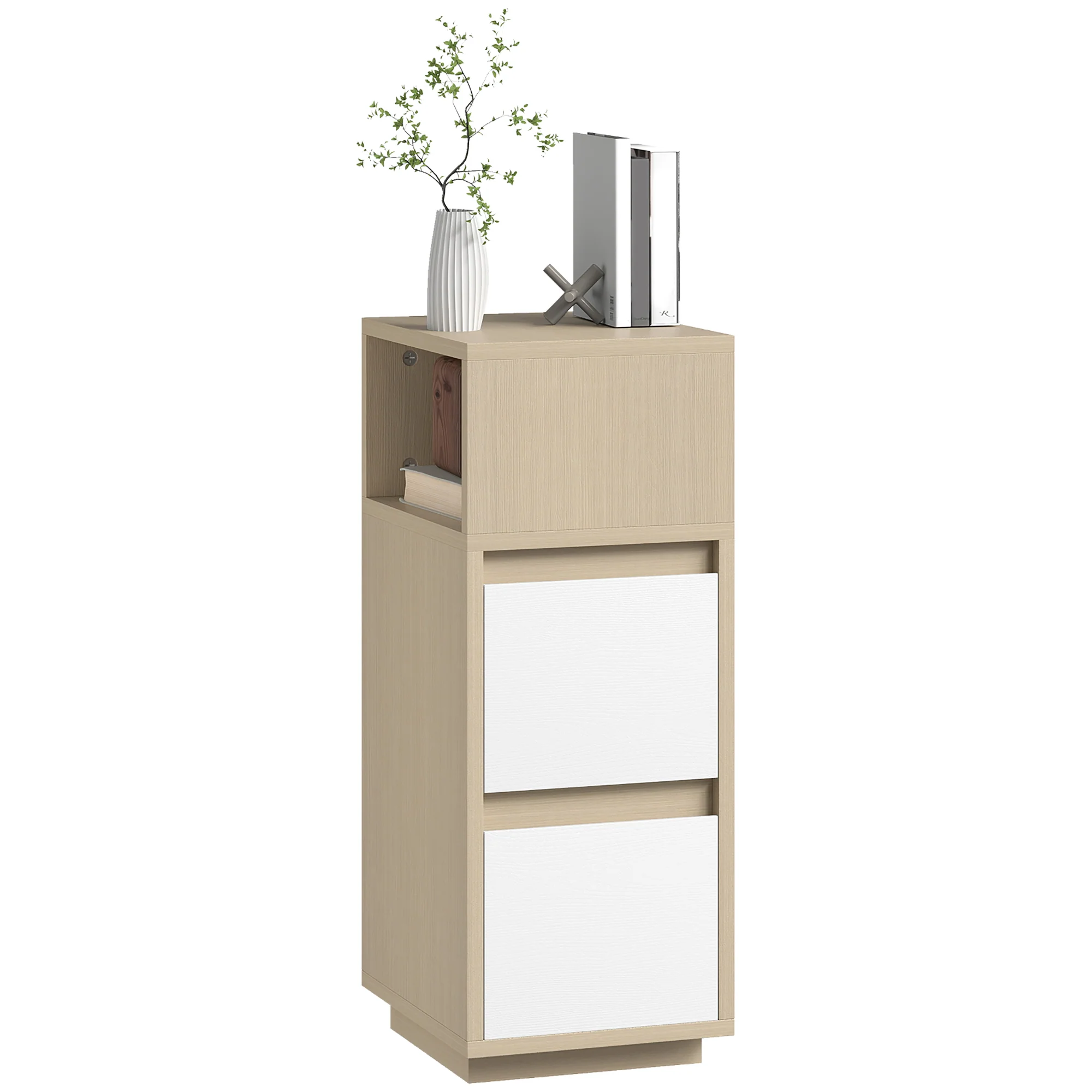 HOMCOM Slim Bedside Table, Bedside Cabinet with Open Shelf and 2 Drawers