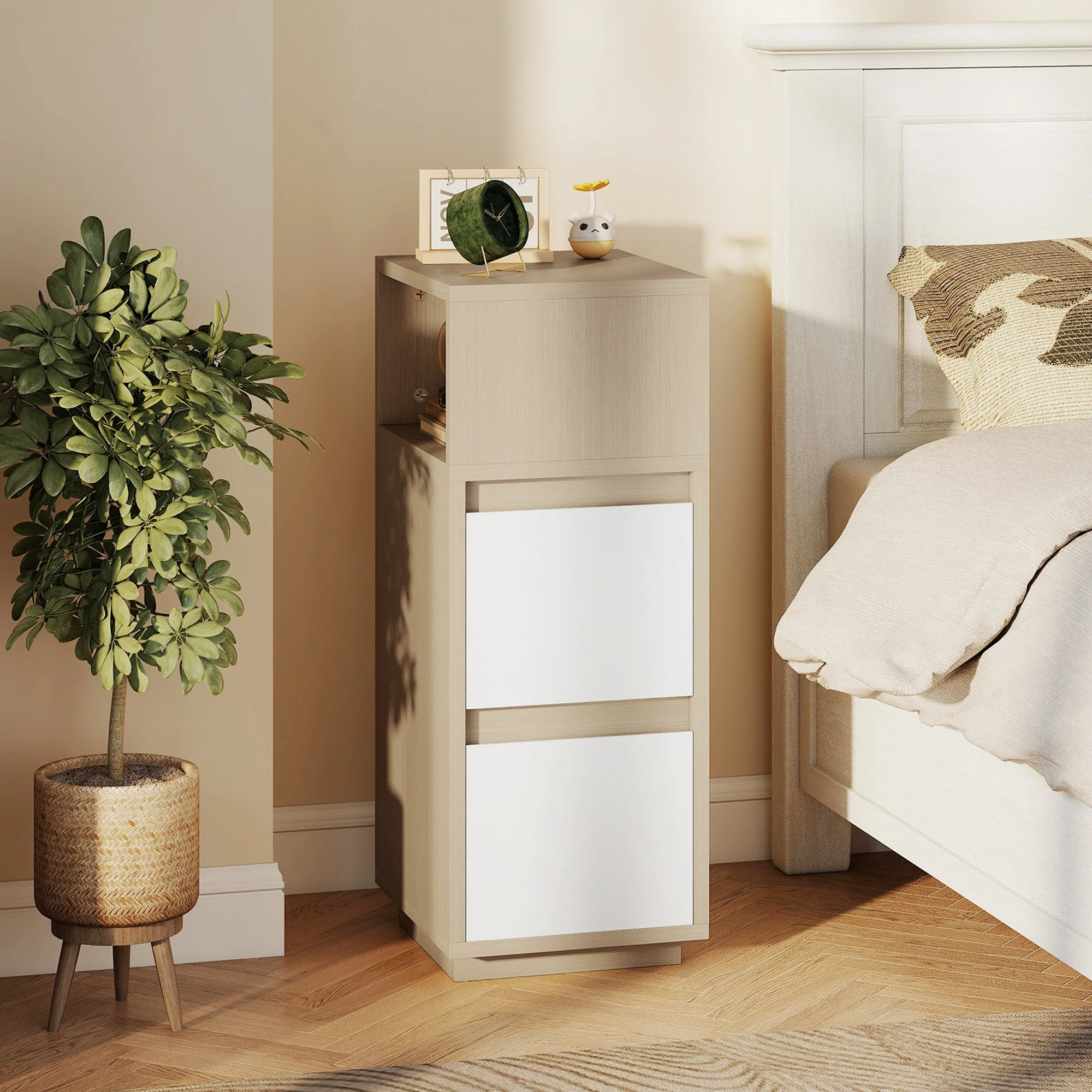 HOMCOM Slim Bedside Table, Bedside Cabinet with Open Shelf and 2 Drawers - Image 2