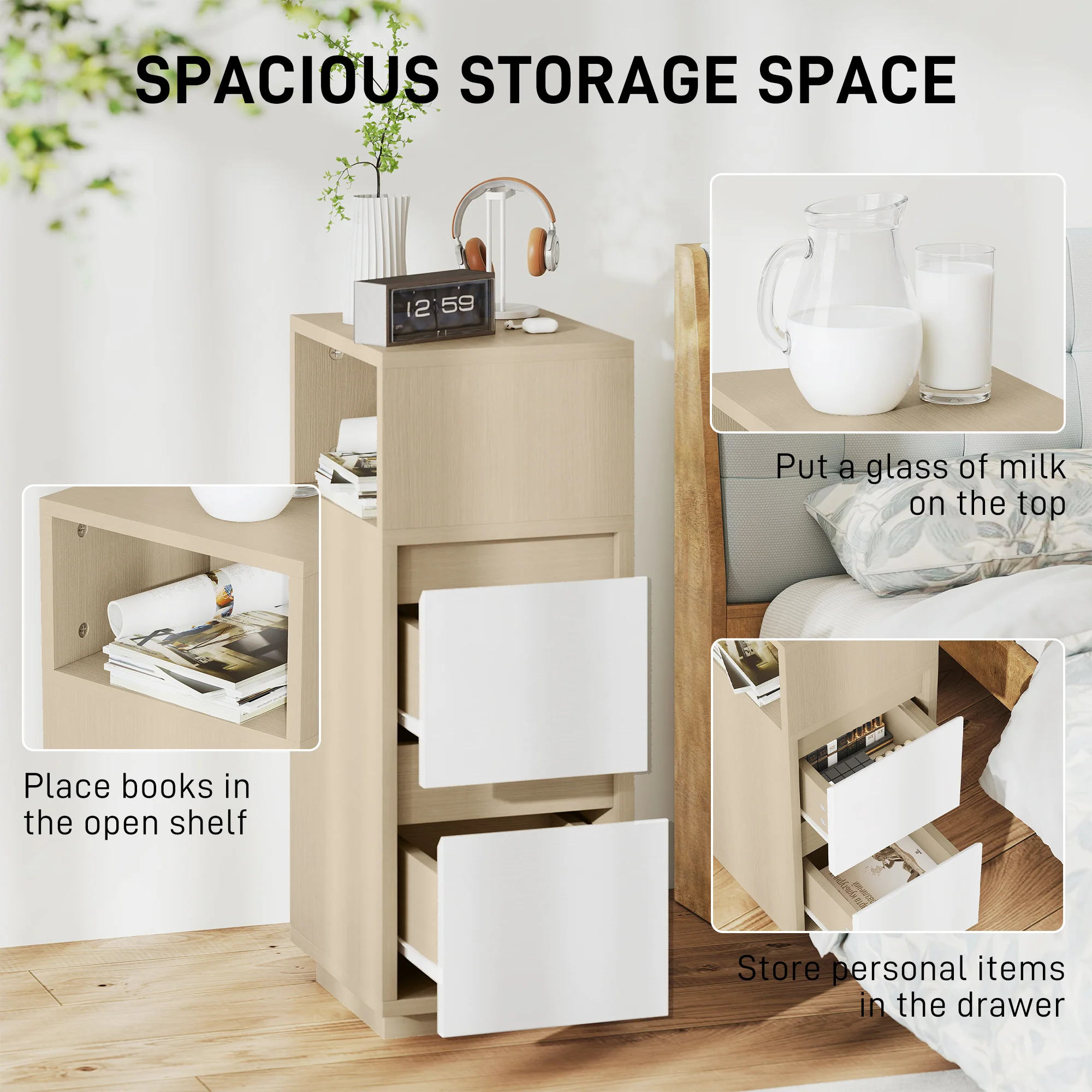 HOMCOM Slim Bedside Table, Bedside Cabinet with Open Shelf and 2 Drawers - Image 3